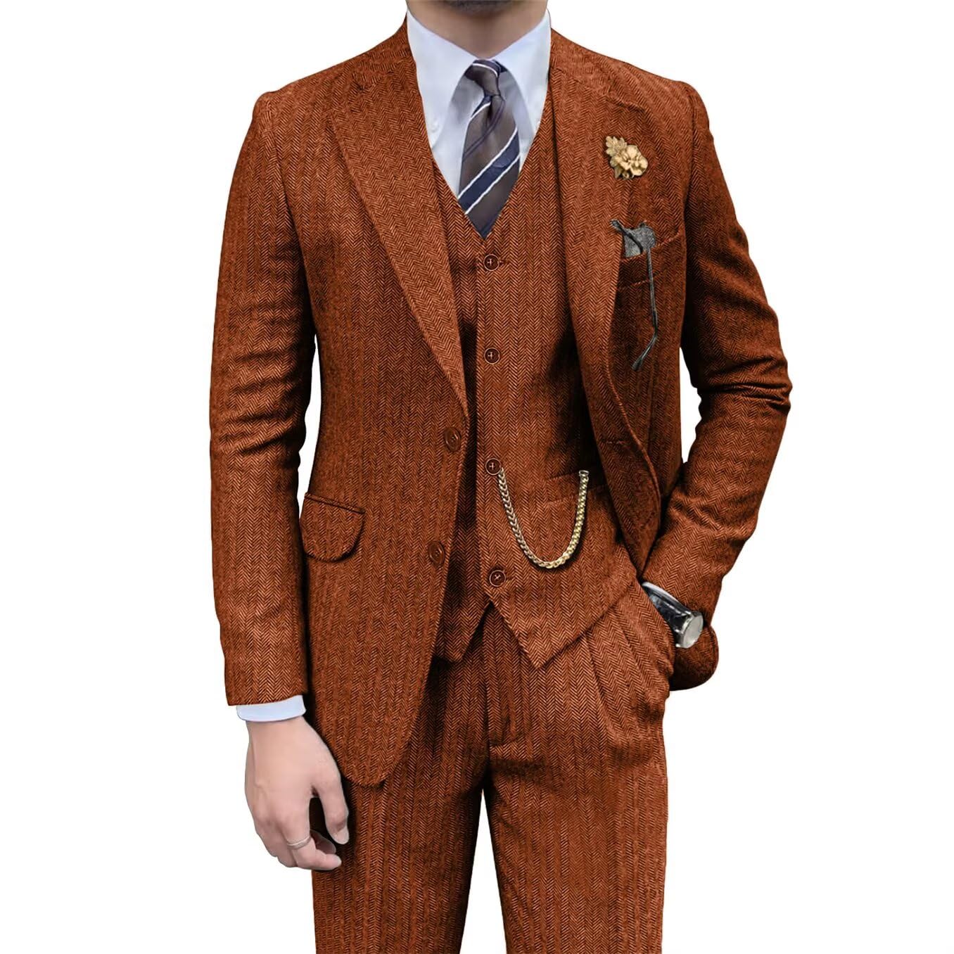 Retro Mens 3 Piece Suit Orange Brown Tweed