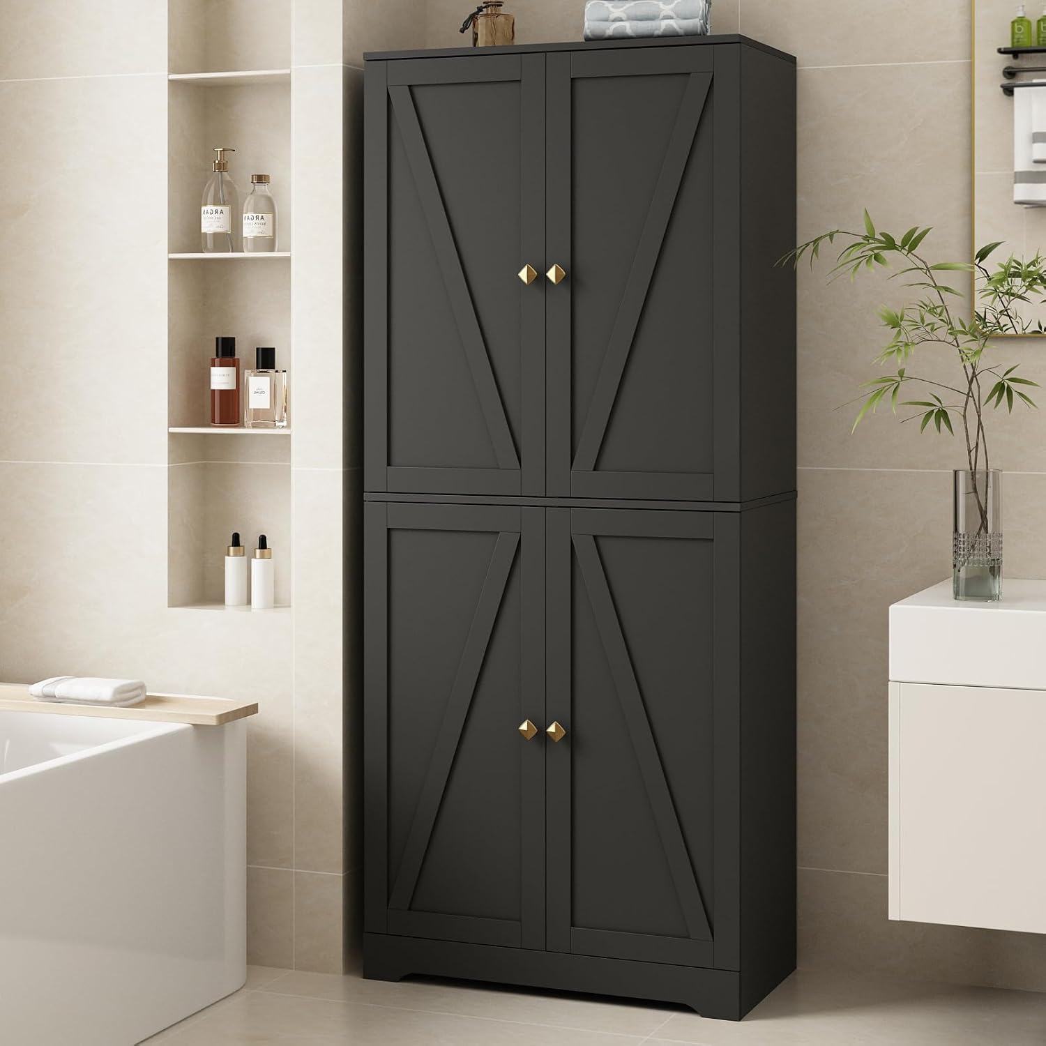 CARPETNAL 72" Tall Black Pantry Cabinet with Adjustable Shelves, Farmhouse Wooden Storage Cabinet with 4 Barn Doors & Square Knobs, Freestanding Kitchen Pantry for Dining Room, Living Room, Black