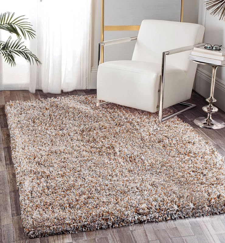 Image of FIASCO Round Shaggy Carpet Plain Fur Rugs Home and Office Sqaure Microfiber 2 Inch Pile Height Back in Canvas Modern Interior Mats 5X5 Feet Orange Ivory Mix