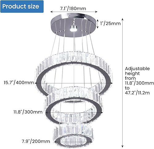 Miniatura 3 de CLAIRDAI Candelabros de Cristal de 3 Anillos Lámpara de Techo LED Candelabro para Techo Alto Candelabros Colgantes para Dormitorio Comedor Sala de
