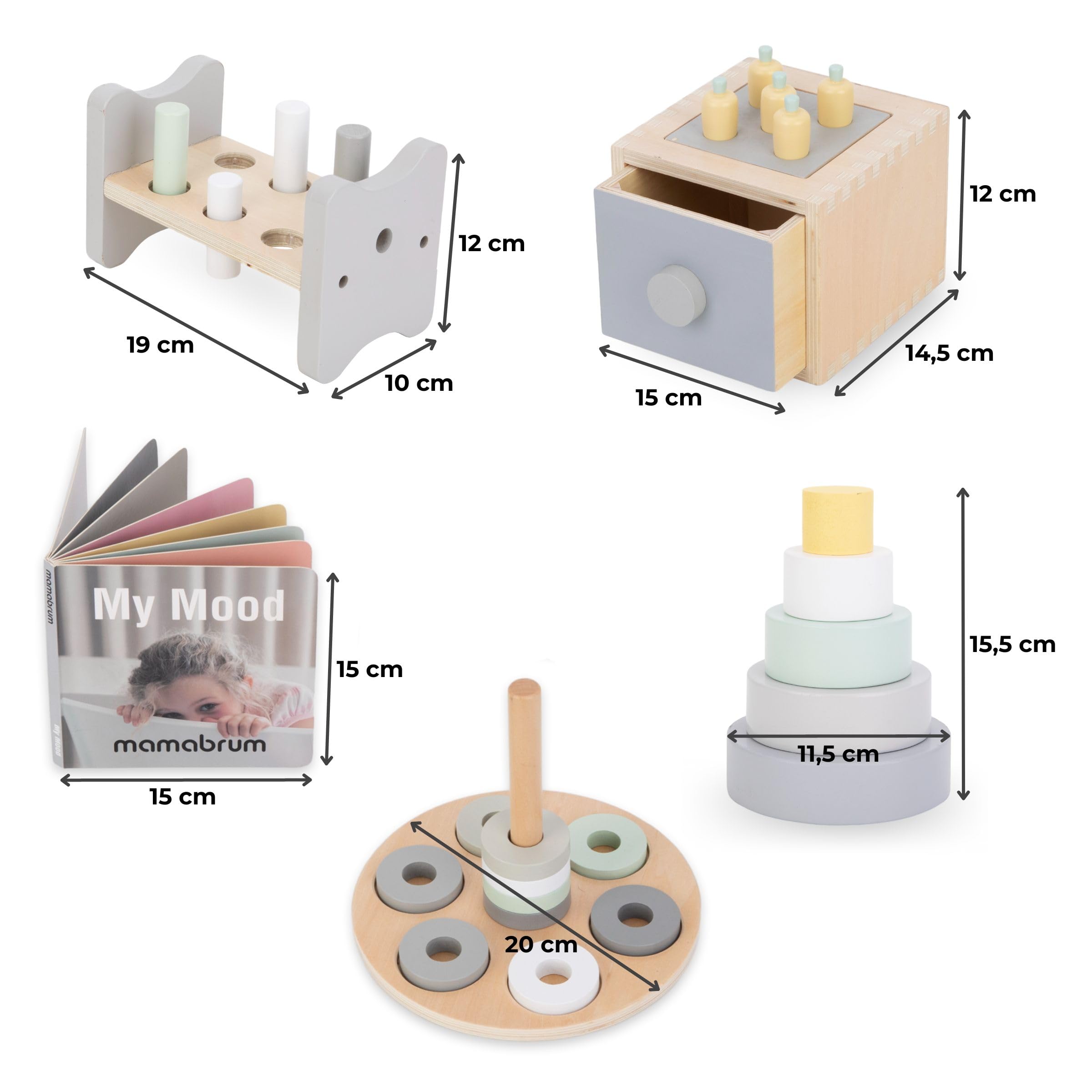mamabrum Scatola Educativa Montessori 6 in 1 per Bambini 12 Mesi+ - Giocattolo Creativo con Martello, Puzzle, Libro, Cassetto, Piramide e Forme