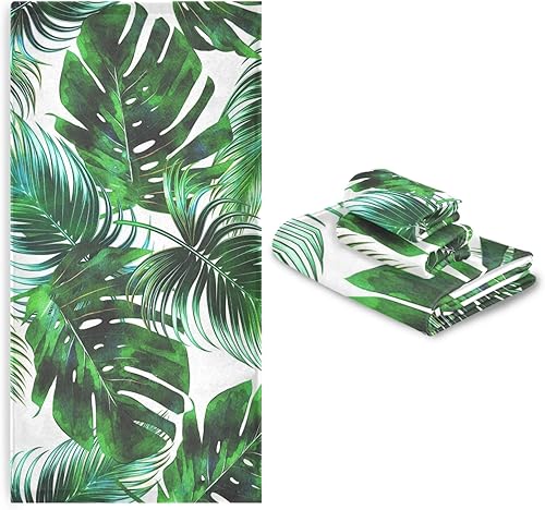 Vdsrup Juego de 3 toallas de baño de verano con hojas de palma tropical, toallas de mano de hojas de selva tropical, toalla suave y fina para