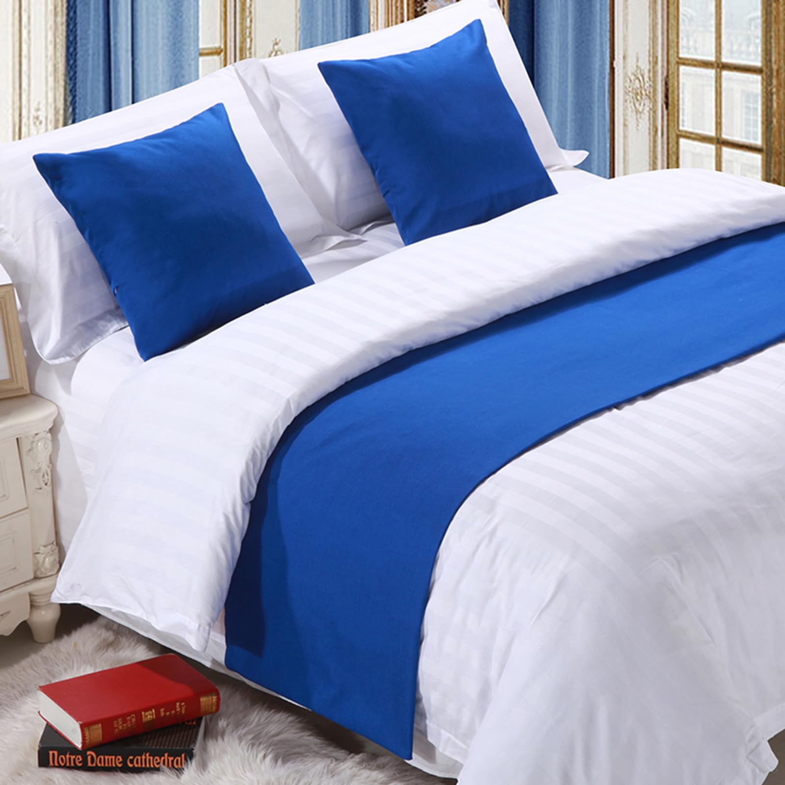 QRGMKL Premium Bed Runner for Foot of Bed, Solid Color Bed Scarf Cotton Linen Bedspread Home Decoration Hotel Bedroom Bedding Protector-Blue||260X50cm for 2m Bed