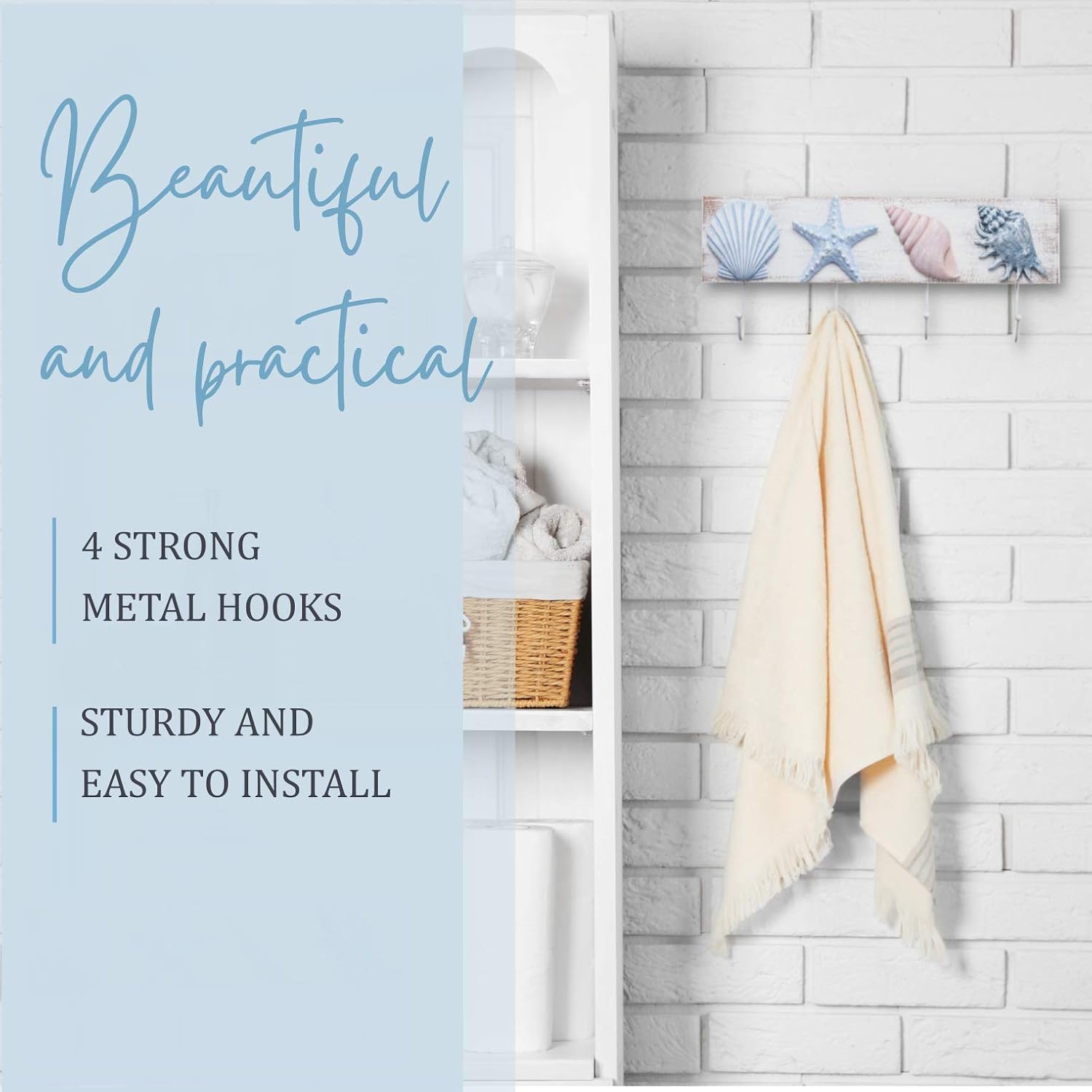 TideAndTales Beach Bathroom Decor 3D Seashell Wall Hooks Towel Rack for Coastal Bathroom, Bedroom or Kitchen - Shells and Starfish Beach Decorations for Home - Ocean Theme Beach House Decor