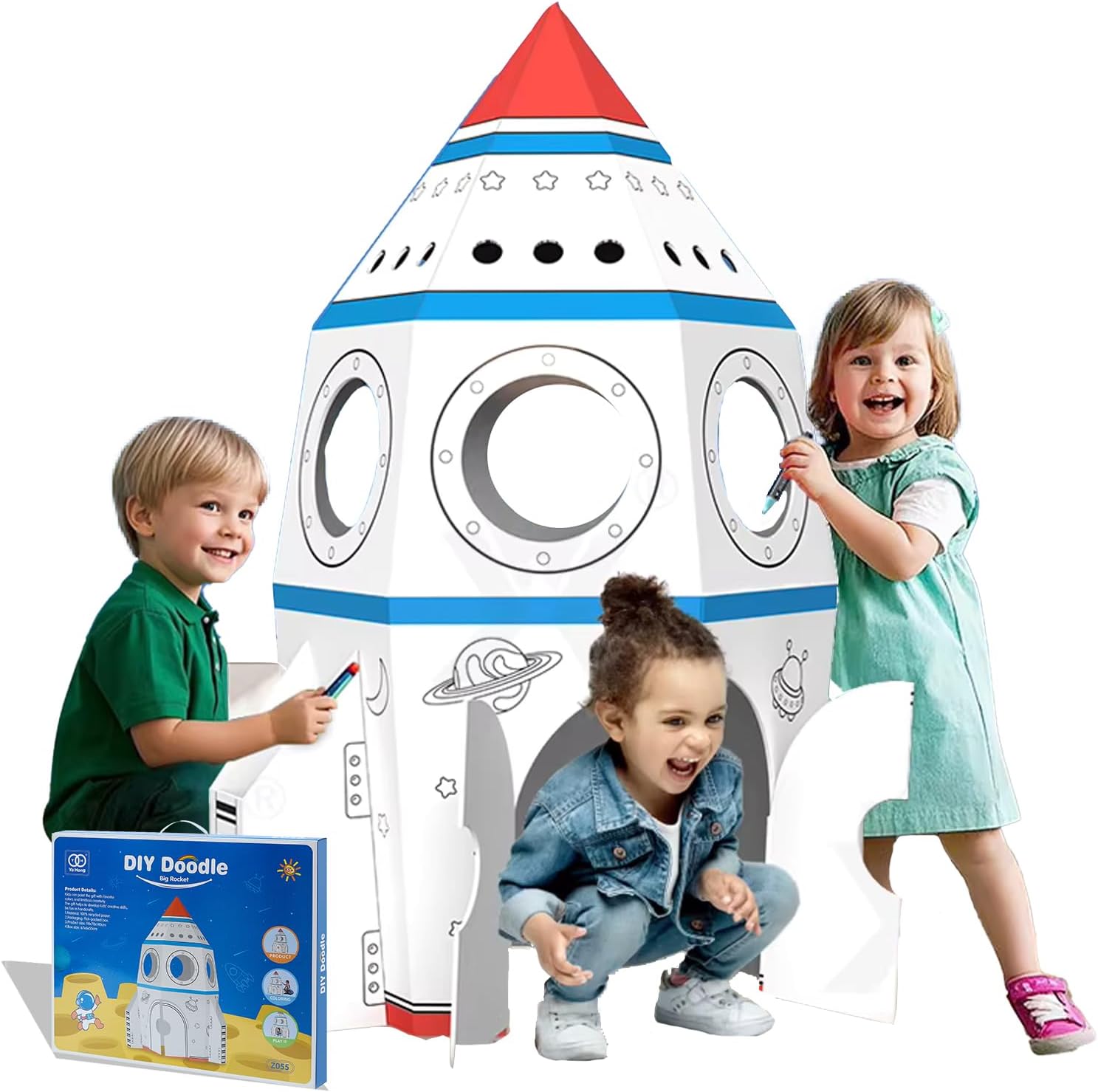 Cardboard Rocket for Kids - DIY Playhouse & Coloring Activity | Large Pretend Play Vehicle - Recyclable & Eco-Friendly | Great Gift for Boys & Girls Ages 3-8