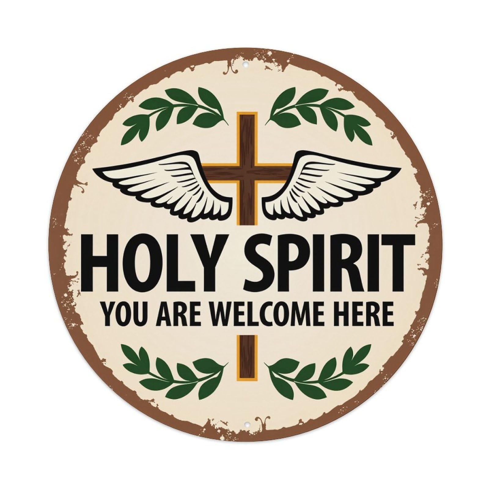 Holy Spirit Cross Wings Leaves Round Tin Sign Vintage Metal Poster, Home Bar Garage Man Cave Cafe Indoor & Outdoor Wall Decoration 8x8Inches