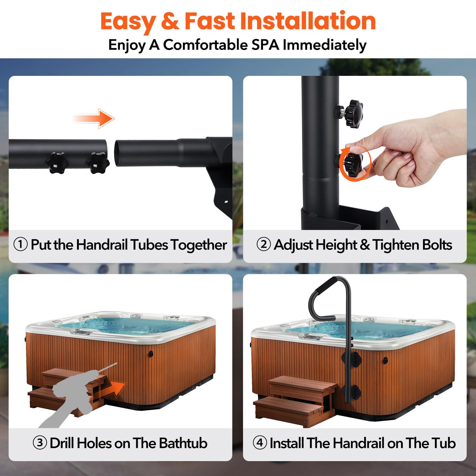 GarveeHome Whirlpool-Handlauf Mit, 360° Schwenkbar, Höhenverstellbar 46-122 cm, Spa-Geländer Mit Slide-Under Sockel & Rutschfestem Griff, Für Innen & Außen, Bis 272 kg Belastbar