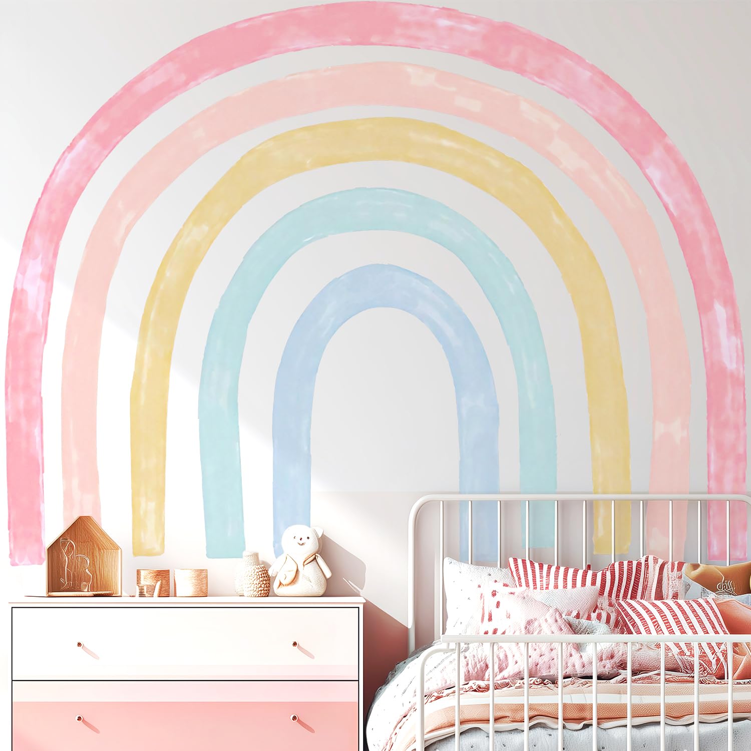 Kingarch Large Watercolor Rainbow Wall Decals, Colorful Peel and Stick Fabric Nursery Wall Decor, Removable Home Room Wall Decor Murals Stickers for Kids Girls Toddler Bedroom Living Room Playroom