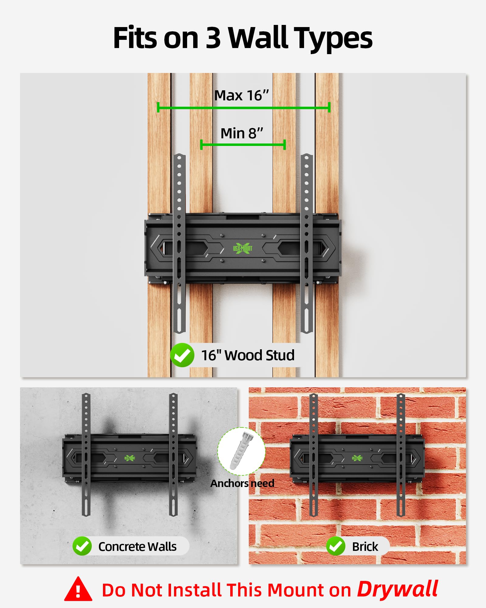 USX MOUNT TV Wall Mount for 32-74 inch Flat Screen/LED/4K up to 110lbs, Full Motion TV Mount Bracket with Swivel & Tilt Articulating Dual Arms, Max VESA 400x400mm, Fits 12/16" Wood Studs — Amazon image 7