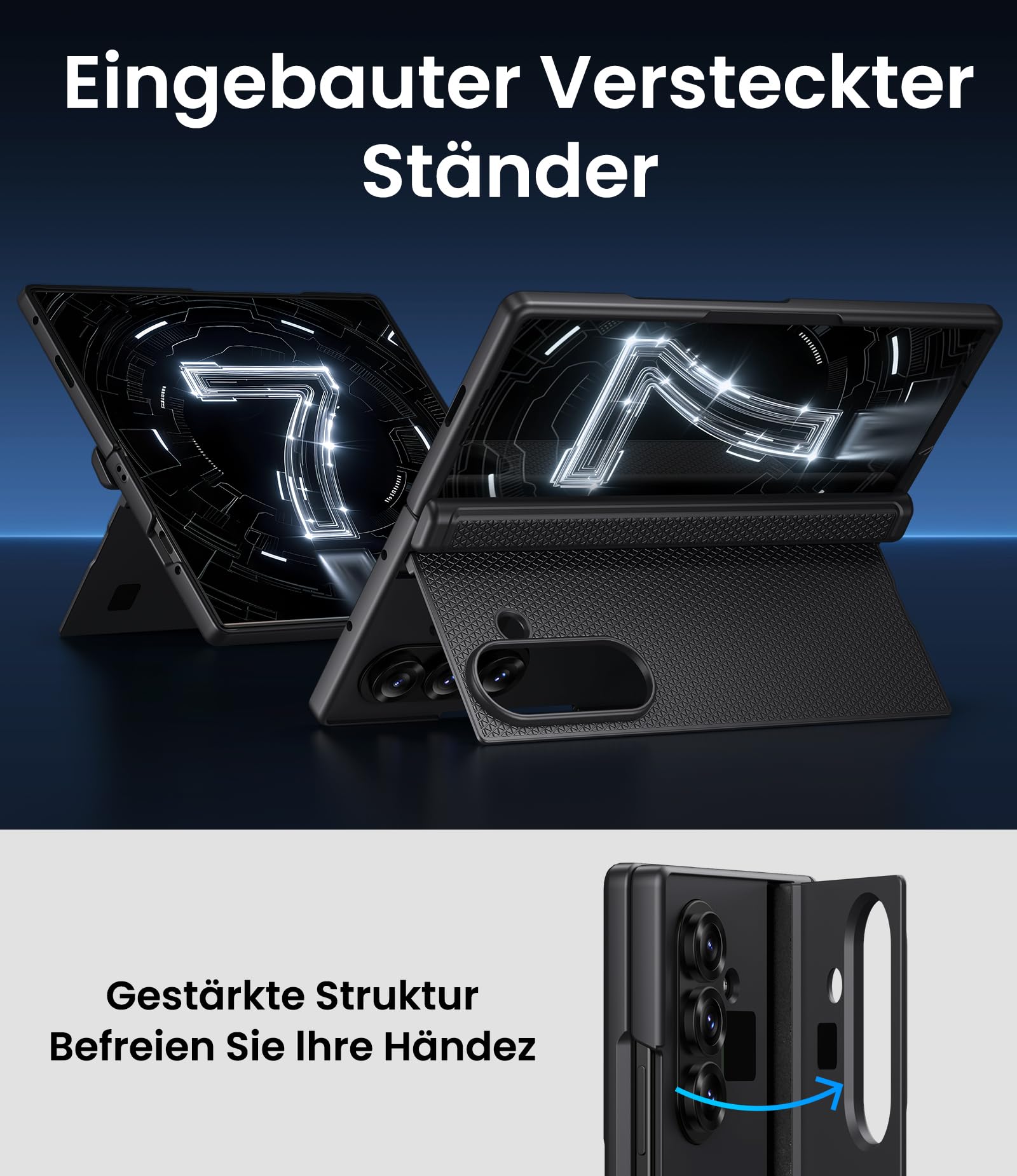 Cover con supporto per Samsung Galaxy Z Fold 7, Supporto, Protezione Schermo Anteriore, Pellicola protettiva Resistente, Antiurto per schermo frontale, Sottile, Nero