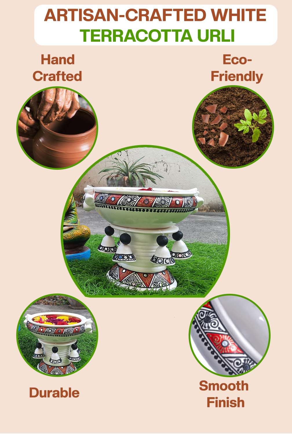 Handmade Terracotta Decorative Flower Pot/Uruli/Urli with Stand (Medium) - Image 7 thumbnail