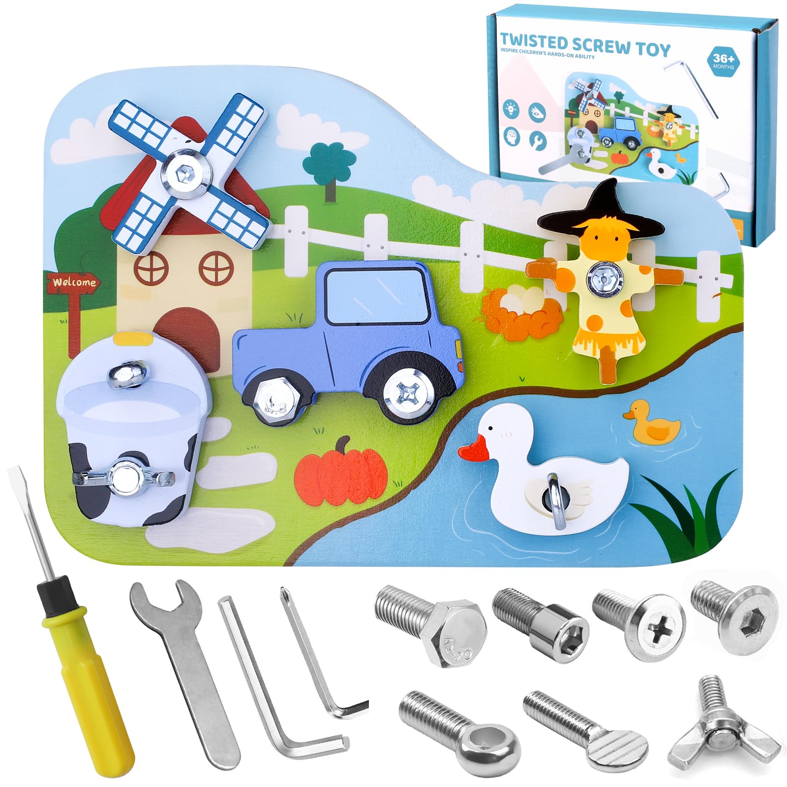 Liangding Bauernhof Montessori Schraubbrett Holz Lernspielzeug ab 3 4 5 Jahre – Motorikspielzeug zum Schrauben, Lernen & Entdecken – Pädagogisches Geschenk für Jungen & Mädchen (17-teiliges Set)