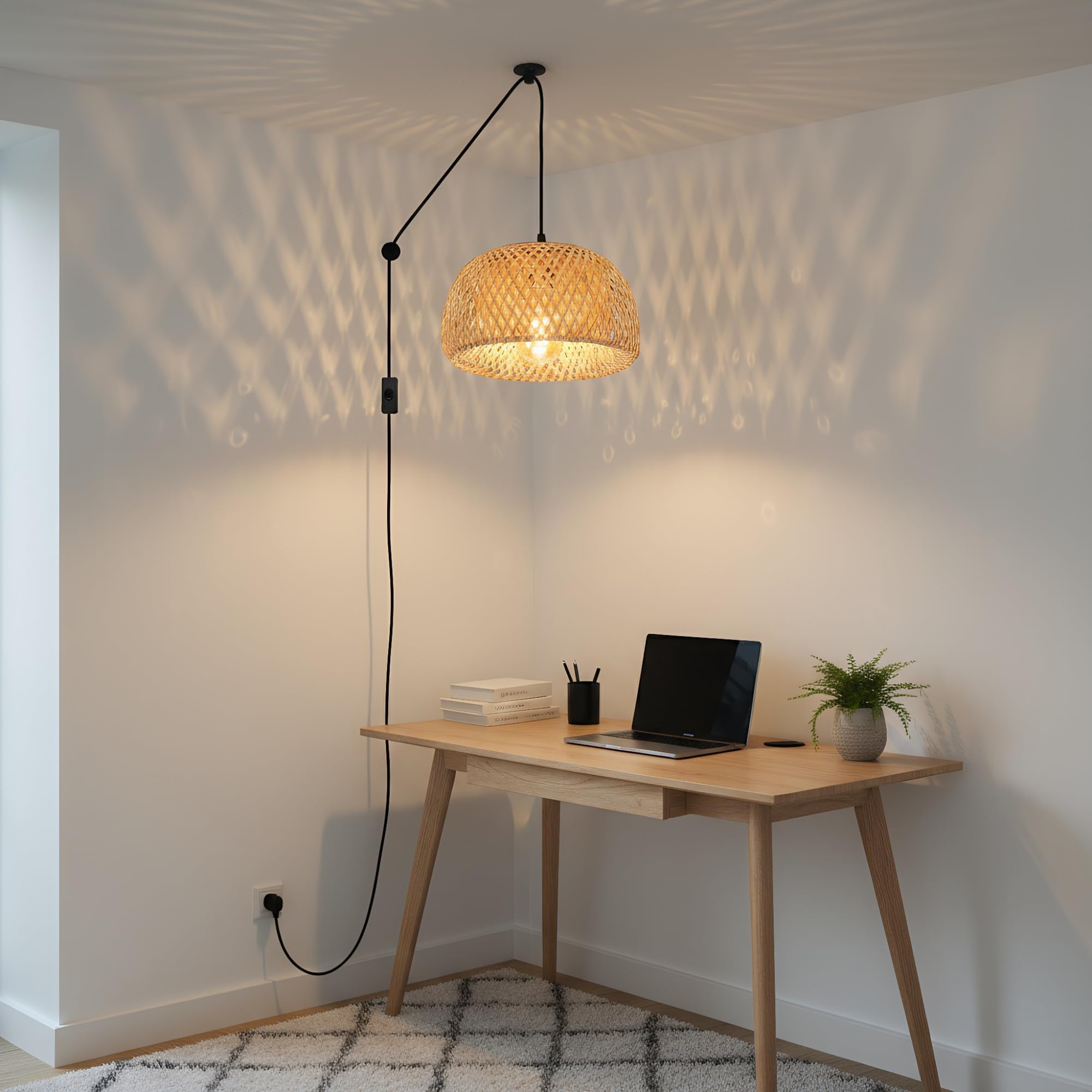 BARCELONA LED -YONNA Wisząca Lampa z Rotangu, Ręcznie Robiona Lampa Wisząca z Regulowanym Kablem i Wtyczką, Oprawka E27, Lampa Dekoracyjna do Salonu, Sypialni, Kawiarni, Styl Boho, Skandynawski