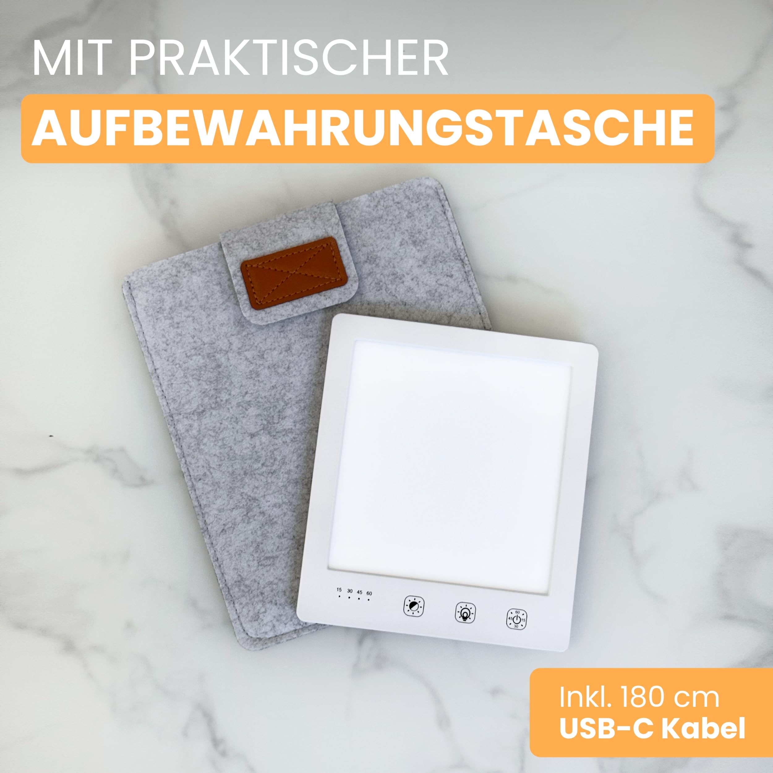Tageslichtlampe bis 10000 Lux, Lichttherapielampe zur Simulation von Tageslicht, Therapielampe daylight sad lamp, Lichtdusche inkl. Ständer, Tasche & USB-C Kabel