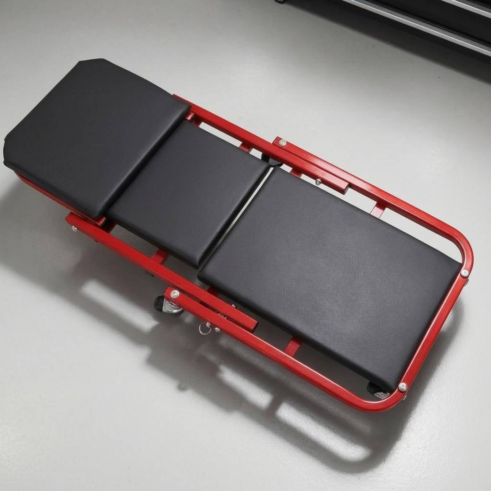 de Trabajo Plegable con Función Doble de Banco y Camilla Marco Resistente con Espuma Ruedas Direccionales y Asiento Ergonómico Adecuada para Mecánicos y Bricolaje, Negro+Rojo, 36 Pulgadas