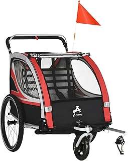 Aosom 2-in-1 Walk/Ride Foldable Child Baby Bike Trailer for Kids 2 Seater, High-Visibility Bike Stroller for Toddler Wagon, Weather-Strong Double Bicycle Trailer Accessory for Kids, Red