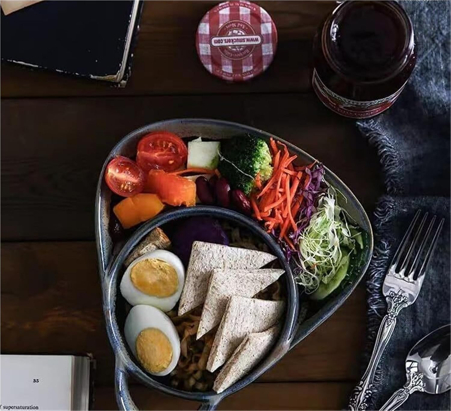 Soup and sandwich bowl, ceramic soup and sandwich set plate with bread rack, suitable for home and restaurants, non-absorbent ceramic plate(Gree+red)