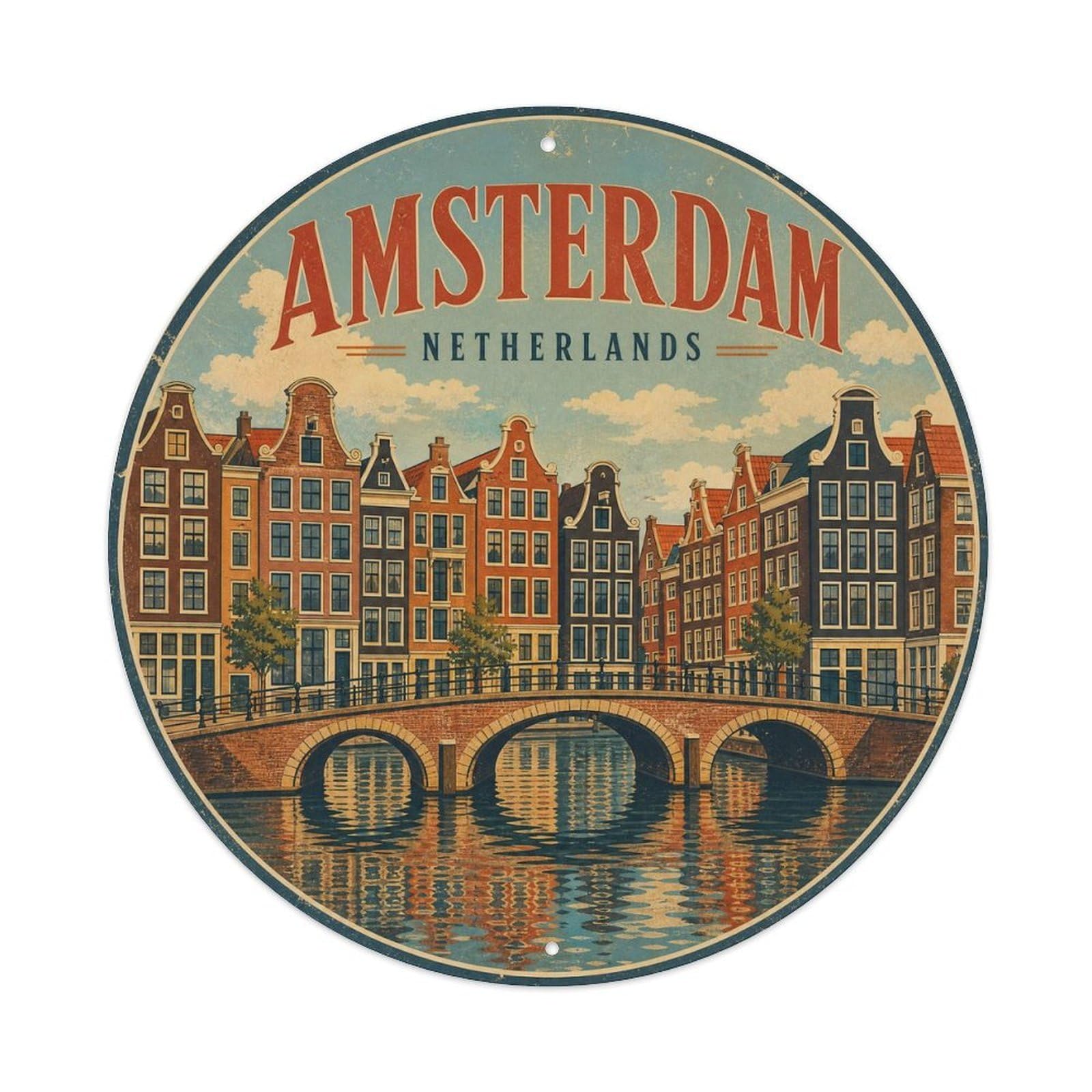 Retro Travel Netherlands Amsterdam Vintage Metal Tin Sign Plaque Wall Decor for Cafe, Club Bar, Office, Garden Metal Poster 8x8Inch