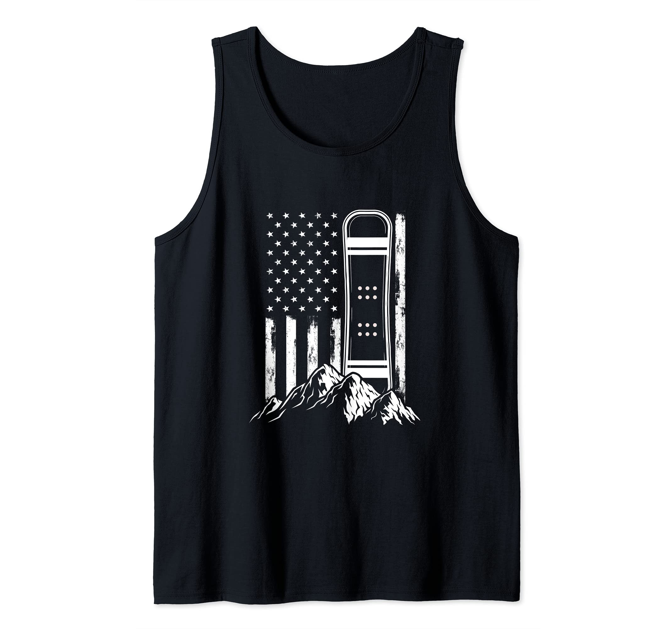 American Flag Snowboard Mountains Nature Athlete Sporty Tank Top, Black