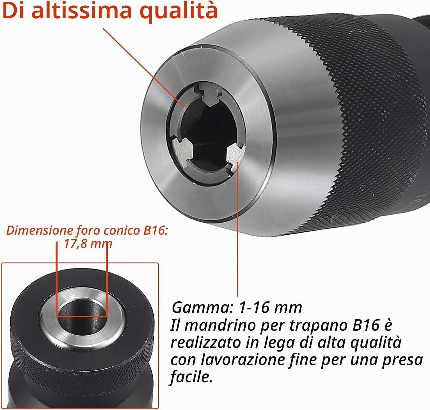 Per trapano a colonna MK3-B16 Mandrino autoserrante 0,5-16 mm Dispositivo di bloccaggio rapido cono Morse adatto per trapano a colonna, fresatrice, tornio