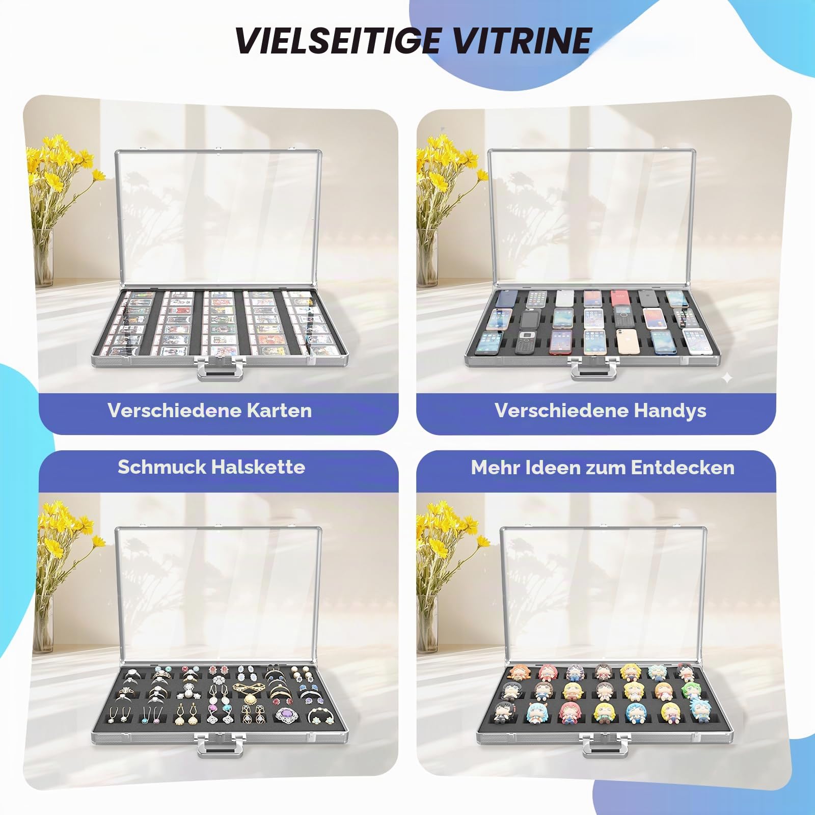 Aluminium-Karten-Vitrine mit Schloss und anpassbarem Schaumstoffeinsatz, große Glas-Tischvitrine für Sammelkarten, Schmuck, Sammelkarten, tragbare Acryl-Aufbewahrungsbox für Handel und Zuhause