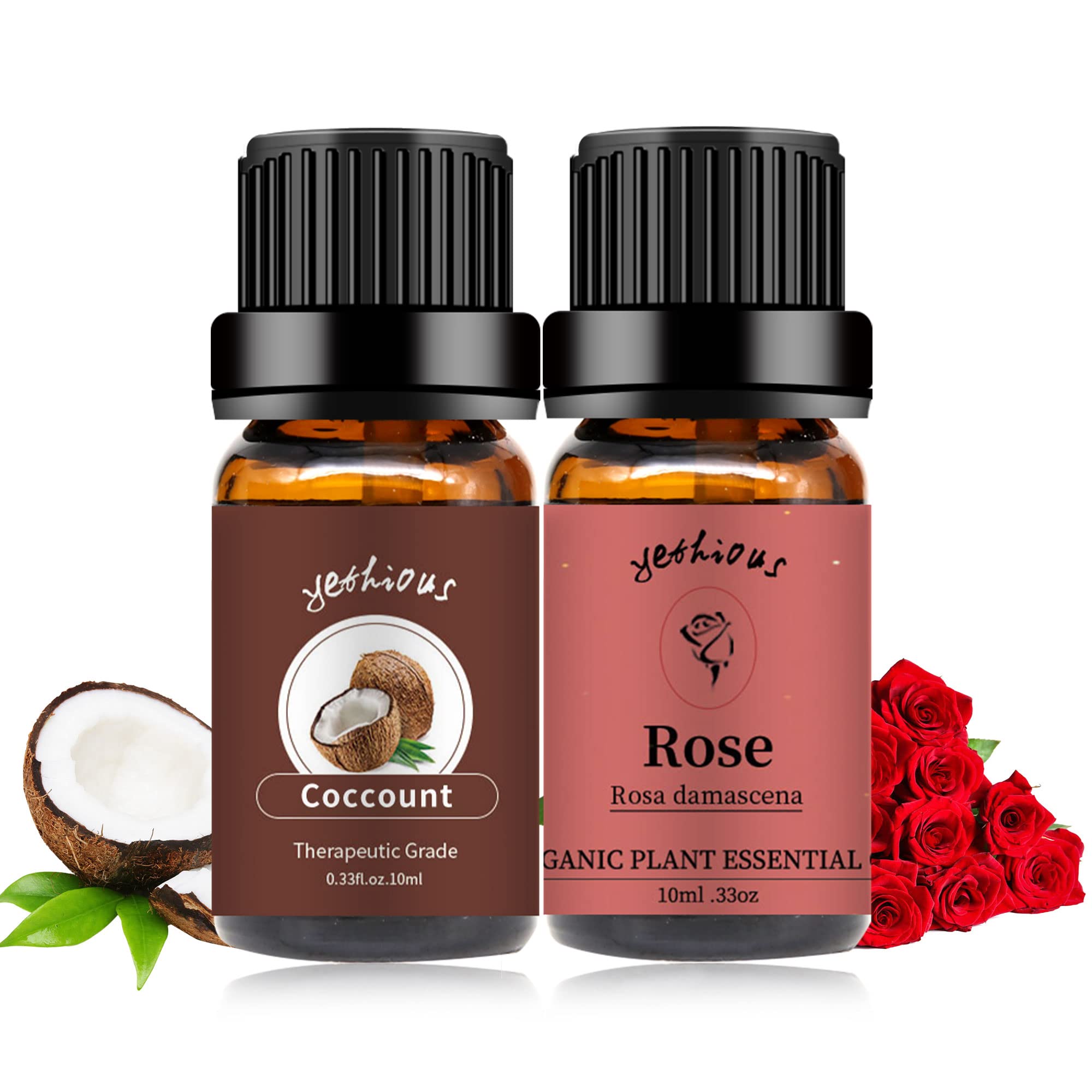 yethious Cocanut Essential Oil Bundle with Rose Essential Oil 100% Organic Pure Oil Aromatherapy Gift Oil 10ml for Diffuser