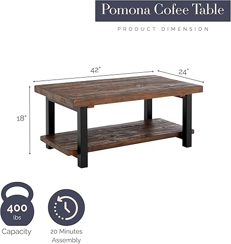 Miniatura 3 de Alaterre Furniture Pomona - Mesa de centro rústica con estante de almacenamiento, mesa industrial moderna de metal y madera maciza de 42 pulgadas,