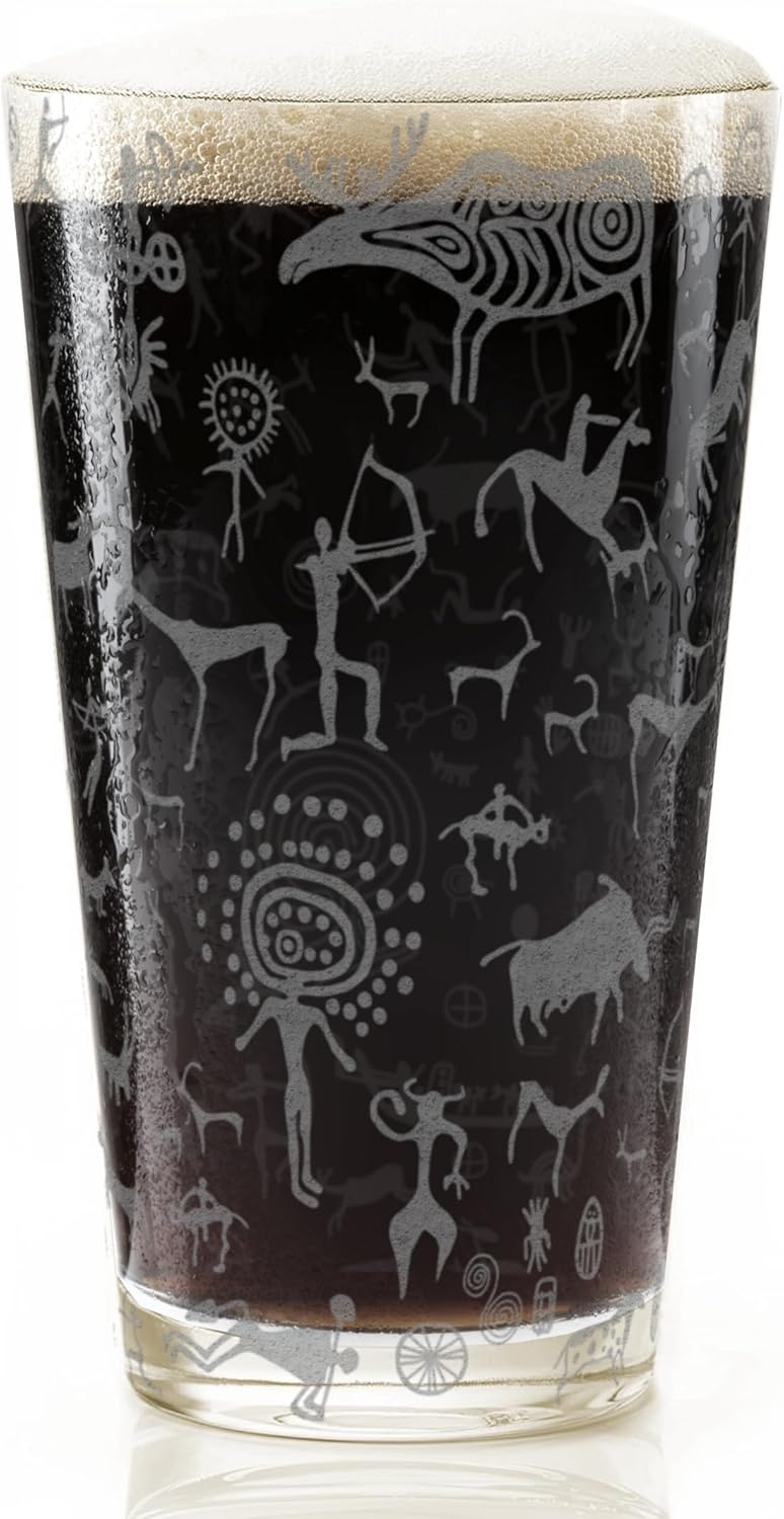 PREHISTORIC CAVE ART Engraved 16oz Pint Glass | Ancient Symbol Laser Etched Glassware | Beer Gifts, Engraved Drinking Glass, Retirement Gift for Men, Great Birthday Gift Idea!