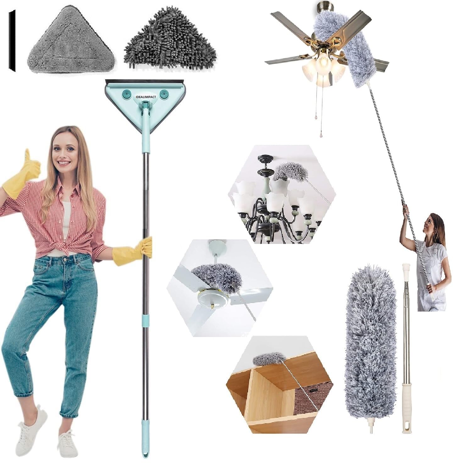 2 in 1 Wet & Dry Mops 360 Rotatable Triangle Mop with Adjustable Long Handle Microfiber Floor Cleaning mop with Wiper and Duster for High Ceiling Fan Cleaning with Extension upto100 Inch (Multicolor) (B0C9QWC4YW) Amazon Price History, Amazon Price Tracker