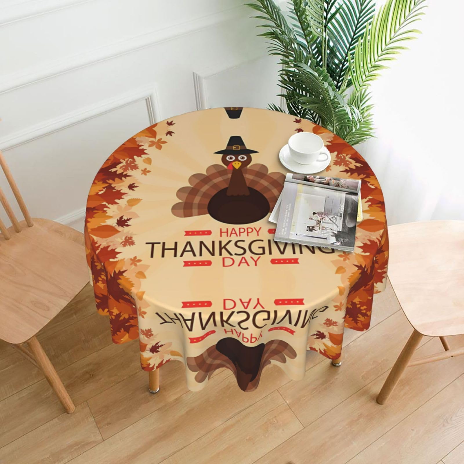 HJFCZH Maple Leaf Dark Brown Turkey Prints Round Decorative Tablecloth 60in - High-Grade Polyester Throw for Dinners, Weddings & Everyday Use