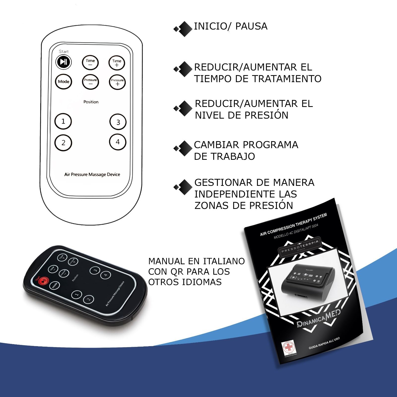 Dinamicamed ® Presoterapia Profesional para Casa Maquina Compacta Completa con 6 Programas de Masaje - Maquina Presoterapia Piernas 4 Cámaras de Aire con Perneras XL y Cinta para el Abdomen