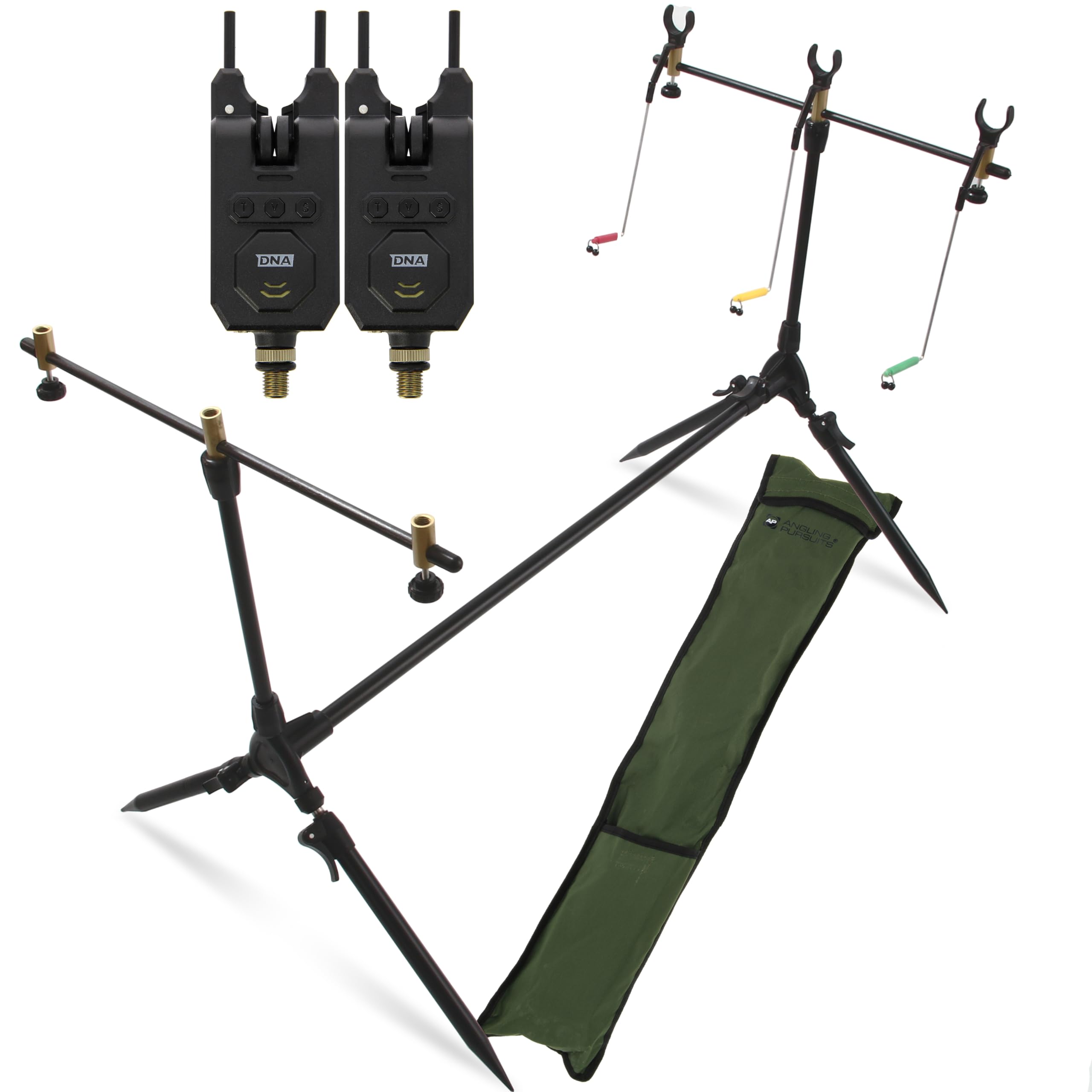 Carp Fishing Rod Pod with Buzz Bars & Rod Rests, 2 or 3 Bite Alarms, Adjustable Volume, Tone & Sensitivity Green Case 9V Batteries Included Carry Case Session Pod (Session Pod & 2 Bite Alarms)