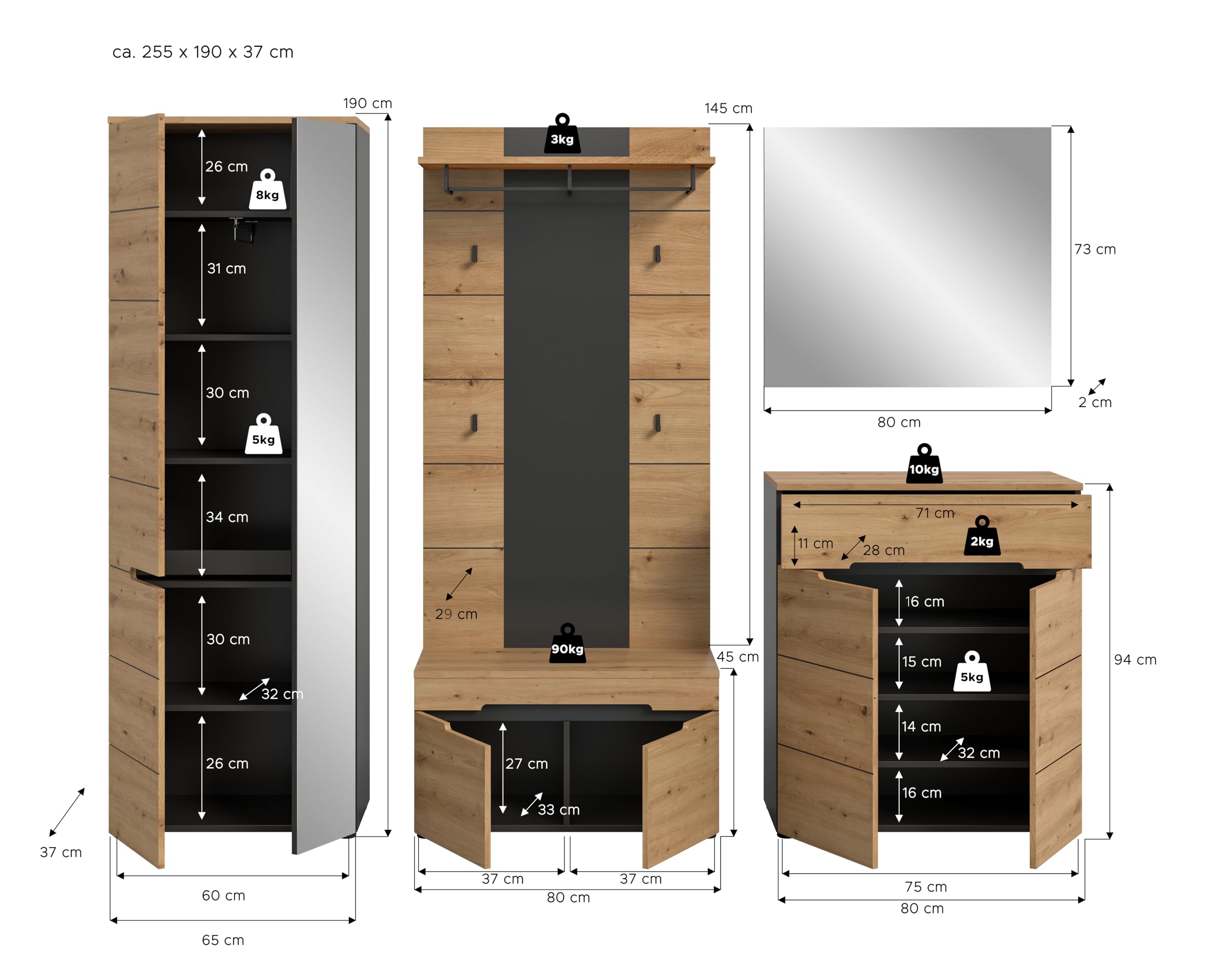 xonox.home - Garderobenkombination Canu 5tlg. 255x190x37 cm in Korpus Basalt grau Nb., Front Artisan Nb. - Garderobenschrank Garderobenmöbel Flurmöbel-Set Flursystem Stauraumlösung