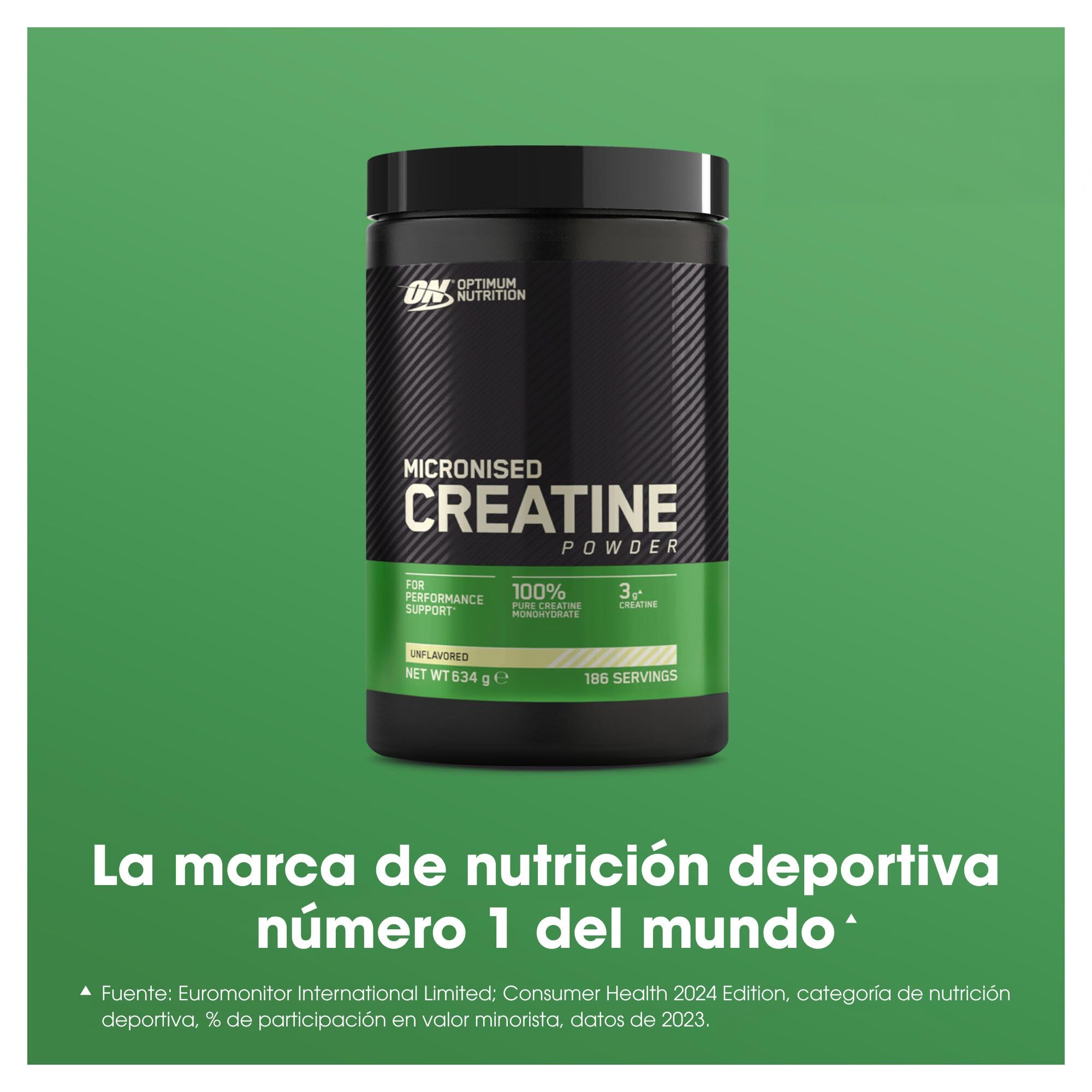 Optimum Nutrition Creatina Micronizada en Polvo, Sin Sabor, 634g, 186 Servicios