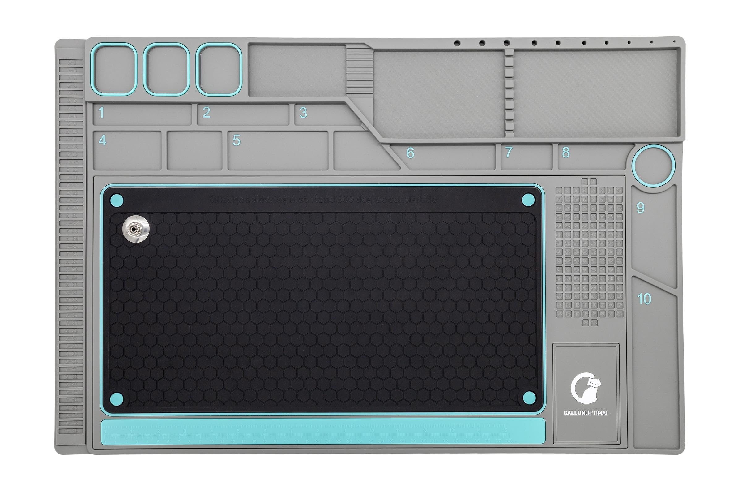 ESD podkładka robocza i mata lutownicza rozmiar L 57 x 38 cm, miękki PCW / guma z wkładką silikonową ESD i zatrzaskiem 10 mm, organizer części i narzędzi, 3 obszary magnetyczne