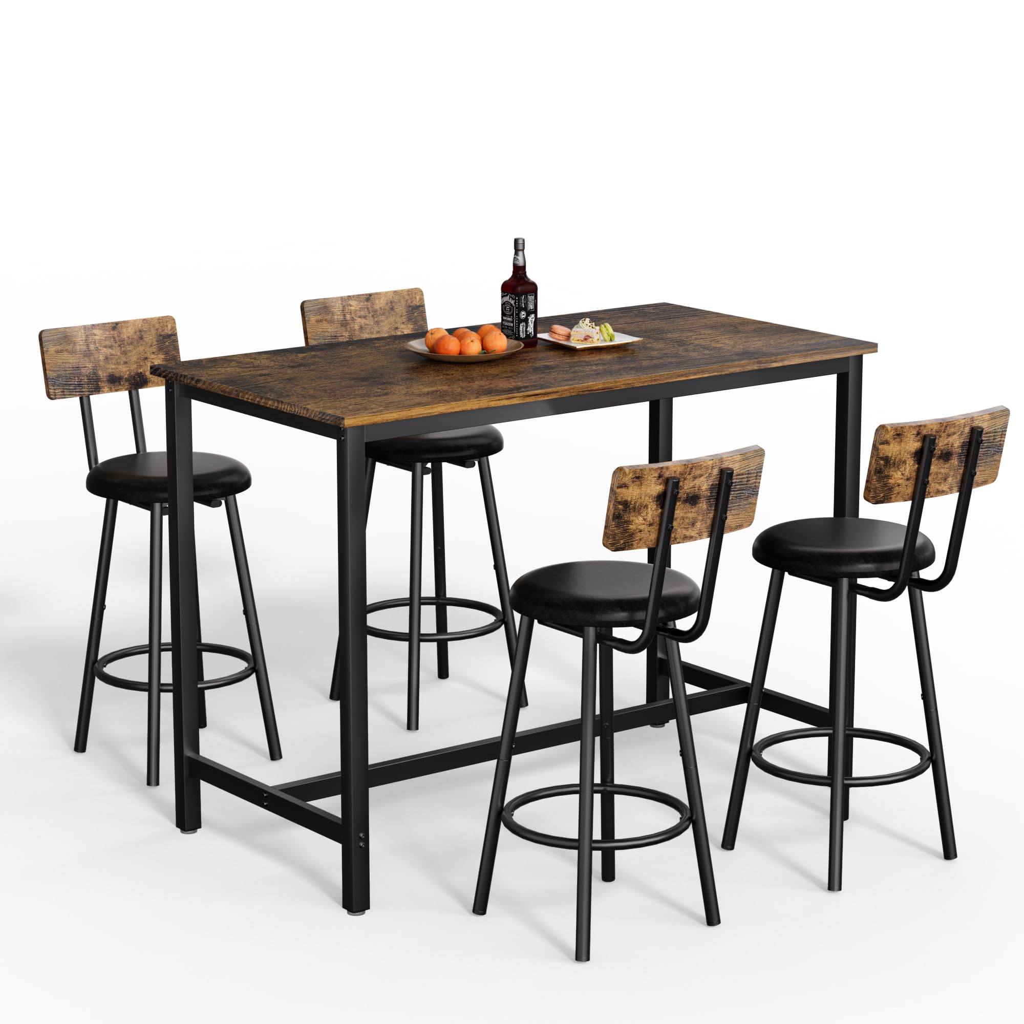 COCLUB Kitchen Table Set for 4, Industrial Bistro Bar Height Table and Chairs Behind Couch, Breakfast Nook Table Set, PU Leather Small Dining Table