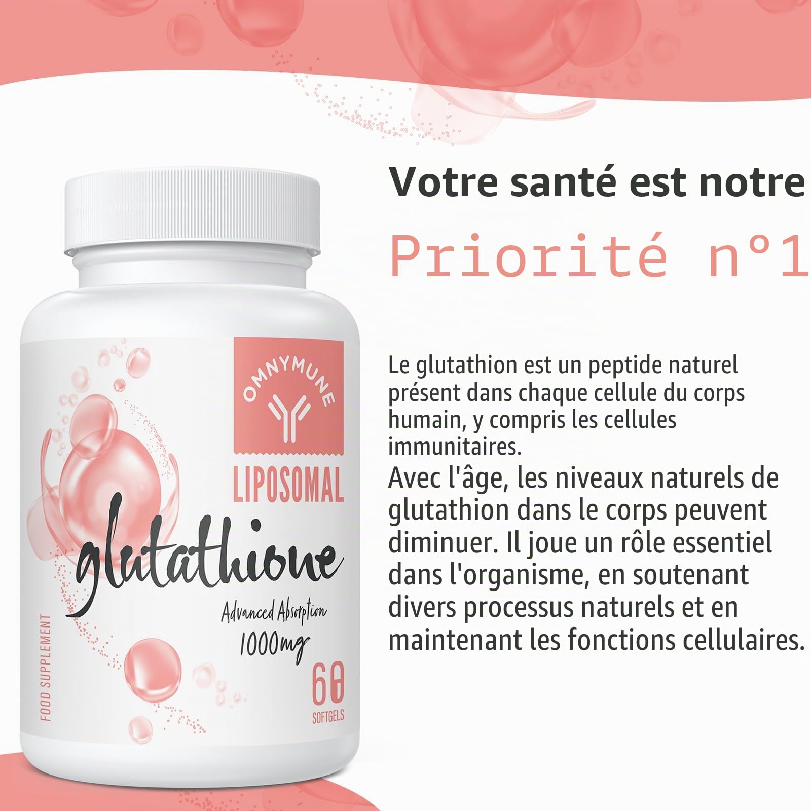 Glutathion Liposomal 1000 mg avec Vitamine C et Acide Hyaluronique – L-Glutathion Réduit, 120 Gélules, Sans Gluten, Sans OGM