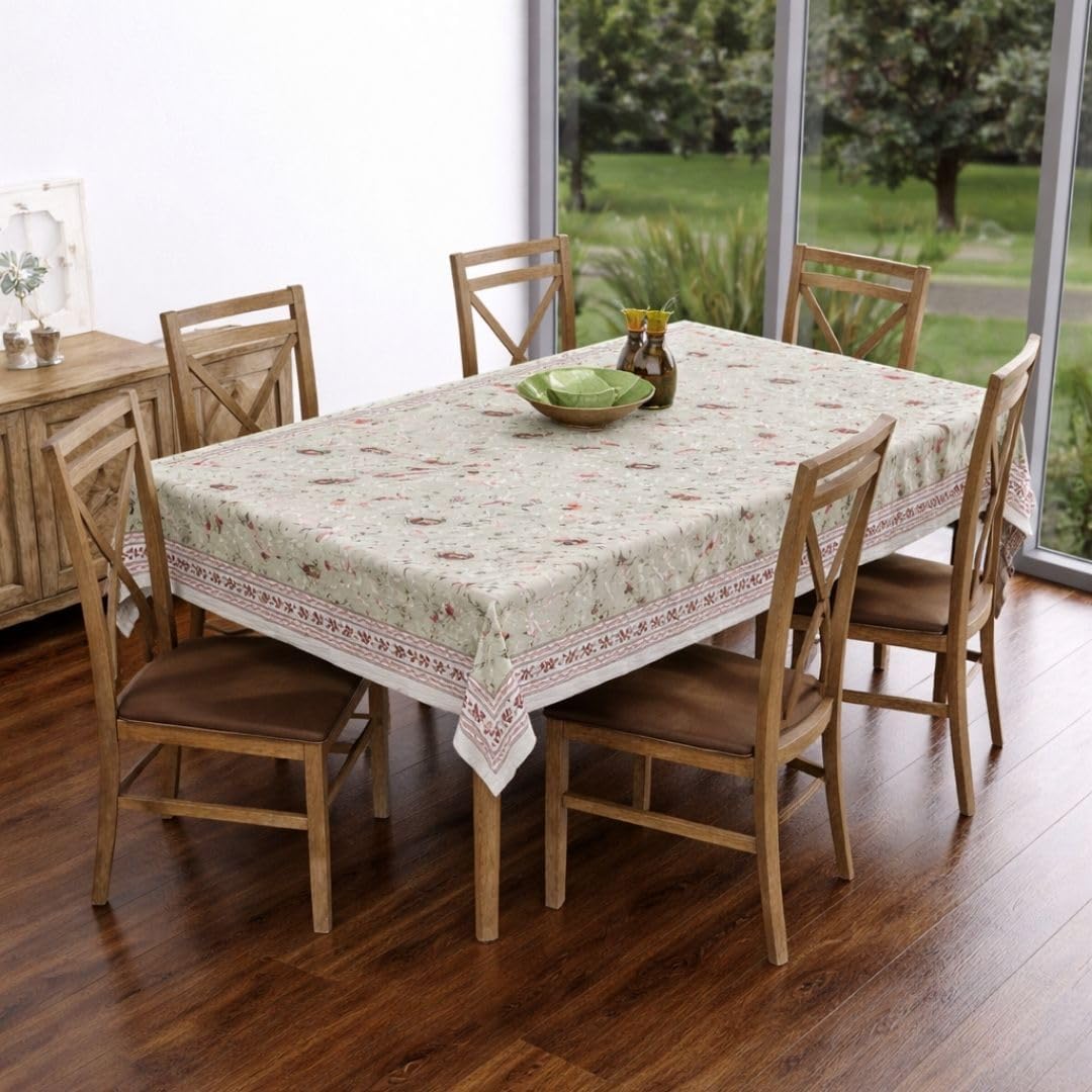 Jaipur Weaves Premium Pure Cotton Table Cover 60x90 Inch for 6-8 Seater, Rectangular Jaipuri Print Tablecloth, Washable Dining Table Cover (Bud Green Bird, 60x90 inches (6-8 Seater))-image-1