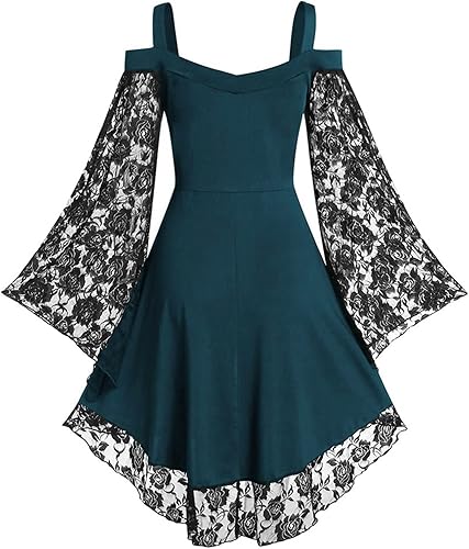 Miniatura 4 de BFAFEN Gothic Dresses for Women Plus Size Cold Shoulder Bell Sleeve Dress Steampunk Hippie Swing Dress