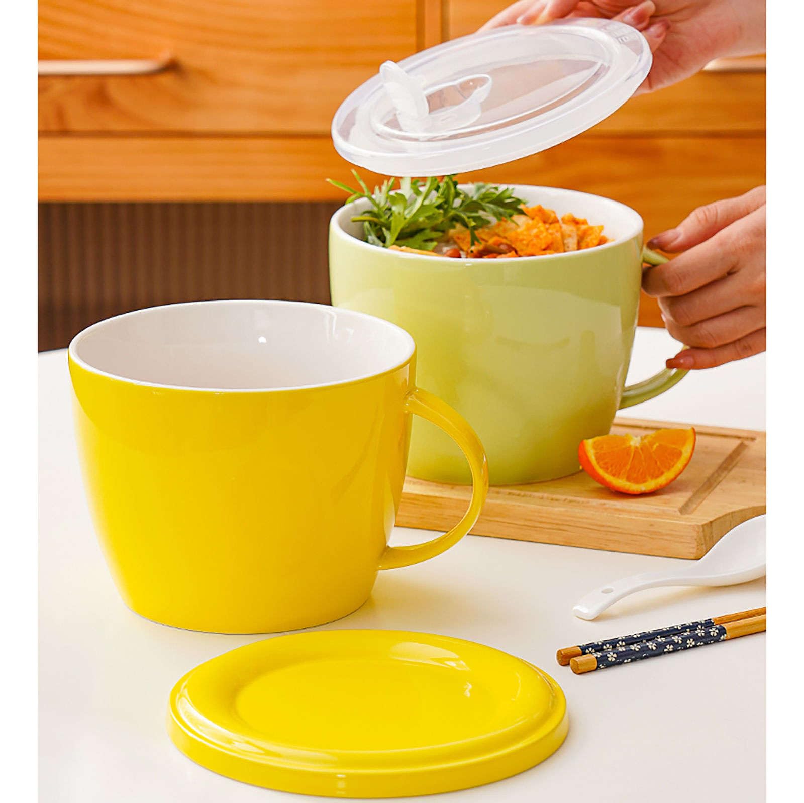 Bardzo duża, ceramiczna miska do ramenu z pokrywką, 1200 ml, z ergonomicznym uchwytem, do szybkich posiłków, idealna dla studentów i pracowników biurowych (niebieska)