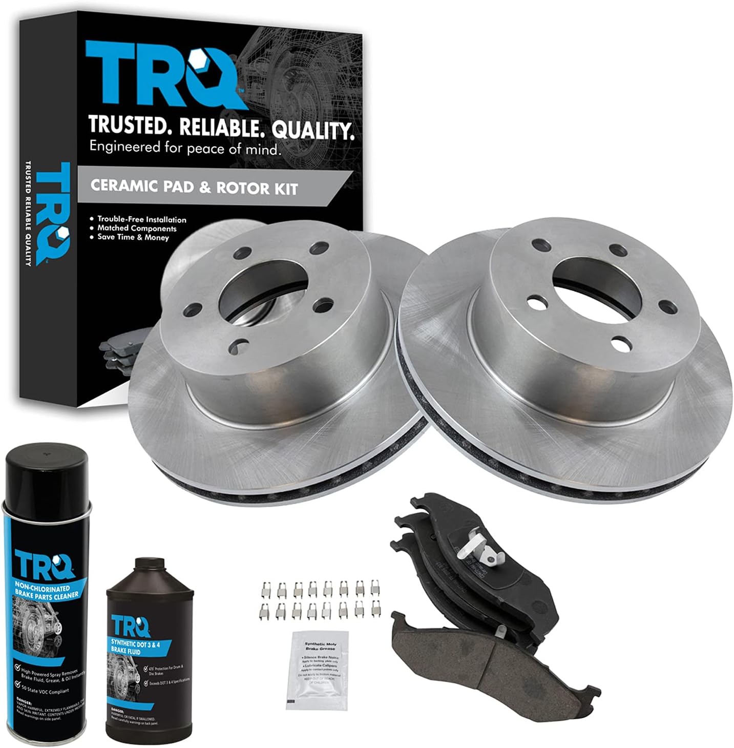 TRQ Front Brake Pad & Rotor Kit Brake Chemical Kit Brake Pads Brake Rotor Ceramic Compatible with 1990-1998 Jeep Cherokee 1990-1992 Comanche 1993-1998 Grand Cherokee 1990 Wagoneer 1990-1999 Wrangler