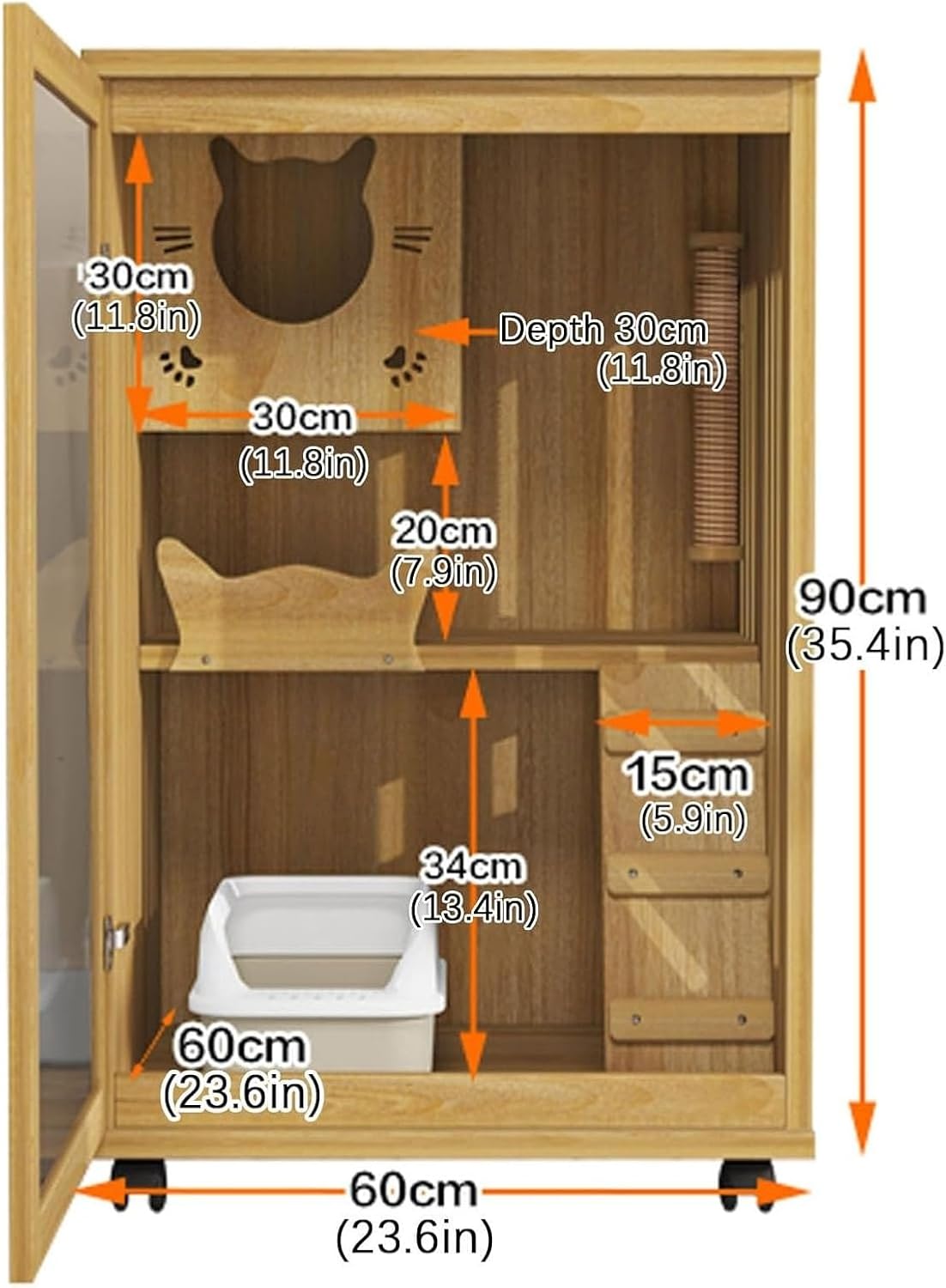 Wooden Cat Cage, Cats Enclosures, Cat Playpen, with Universal Wheel and Acrylic Transparent Door, Sisal Grabbing Post, Cats House for Indoor/Outdoor(Pink)