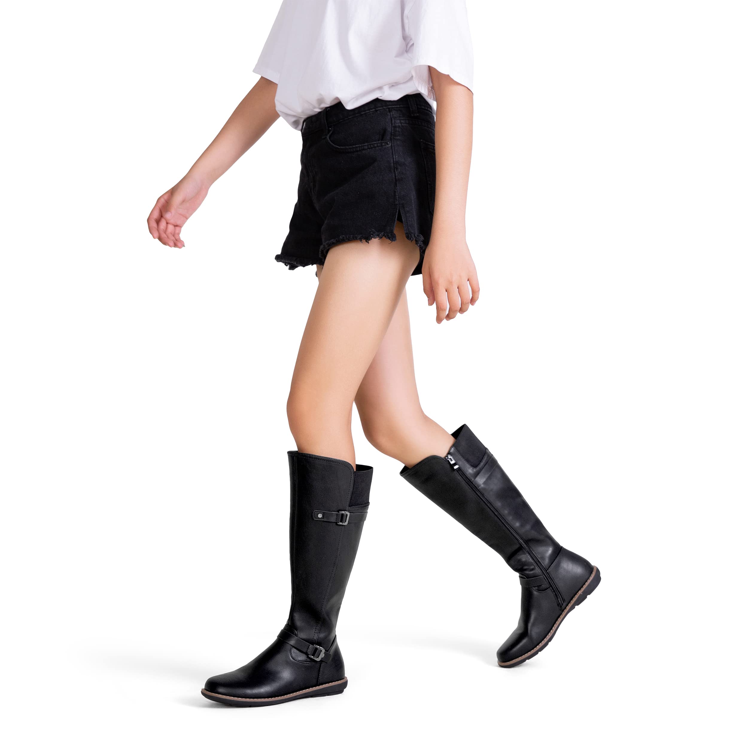 Jeossy Women's 9655 Knee High Boots Black Flat Riding Boots Buckle Tall Boots with Zipper for Women Size 9(DJY9655 Black 09)