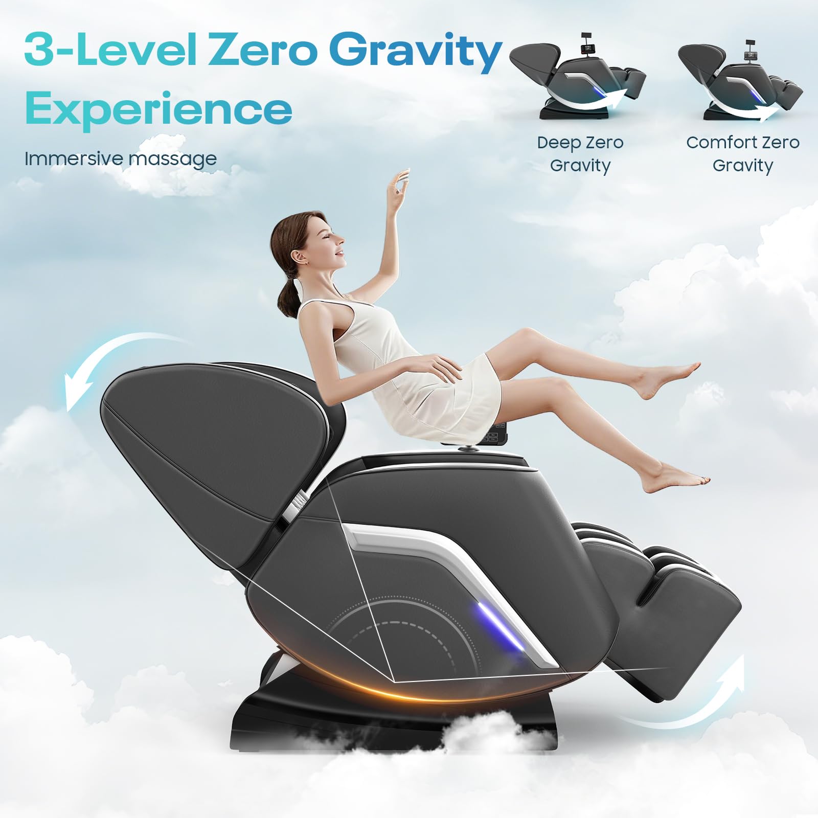 Sillón de Masaje con Función de Calor, 14 Rodillos, 9 Bolsas de Aire, Masaje de Pies,Altavoz Bluetooth, Control por Teléfono Inteligente, Panel Táctil, Sillón Reclinable de Gravedad Cero