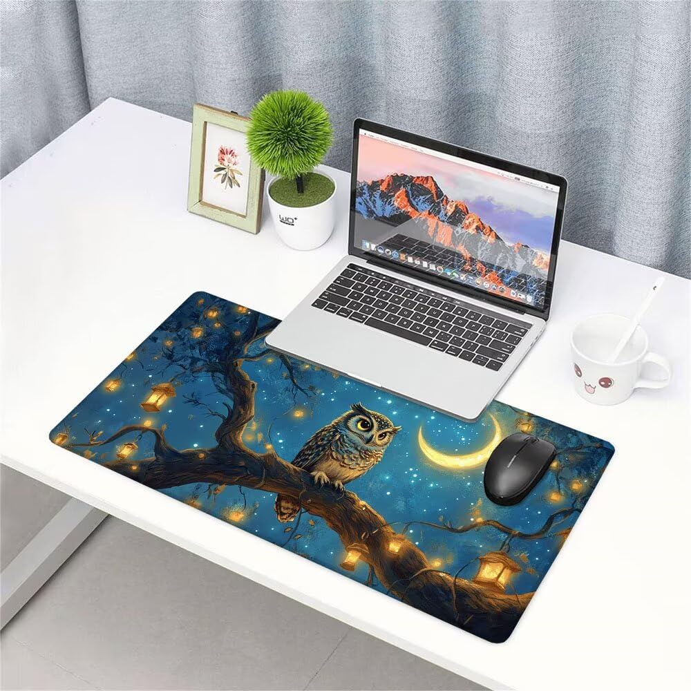 Alfombrilla de Mouse para Juegos, Blu, XXL, Antideslizante, Impermeable, Diseño de Gufo, Extendido, Grande, 1200x600x3mm, para PC, Laptop, Ufficio, Famiglia d-804