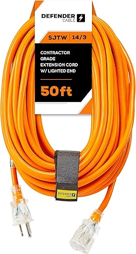Cable Defender calibre 143, cable de extensión SJTW de grado de contratista de 50 pies, con extremo iluminado, listado ULETL, multiusos (cumple con
