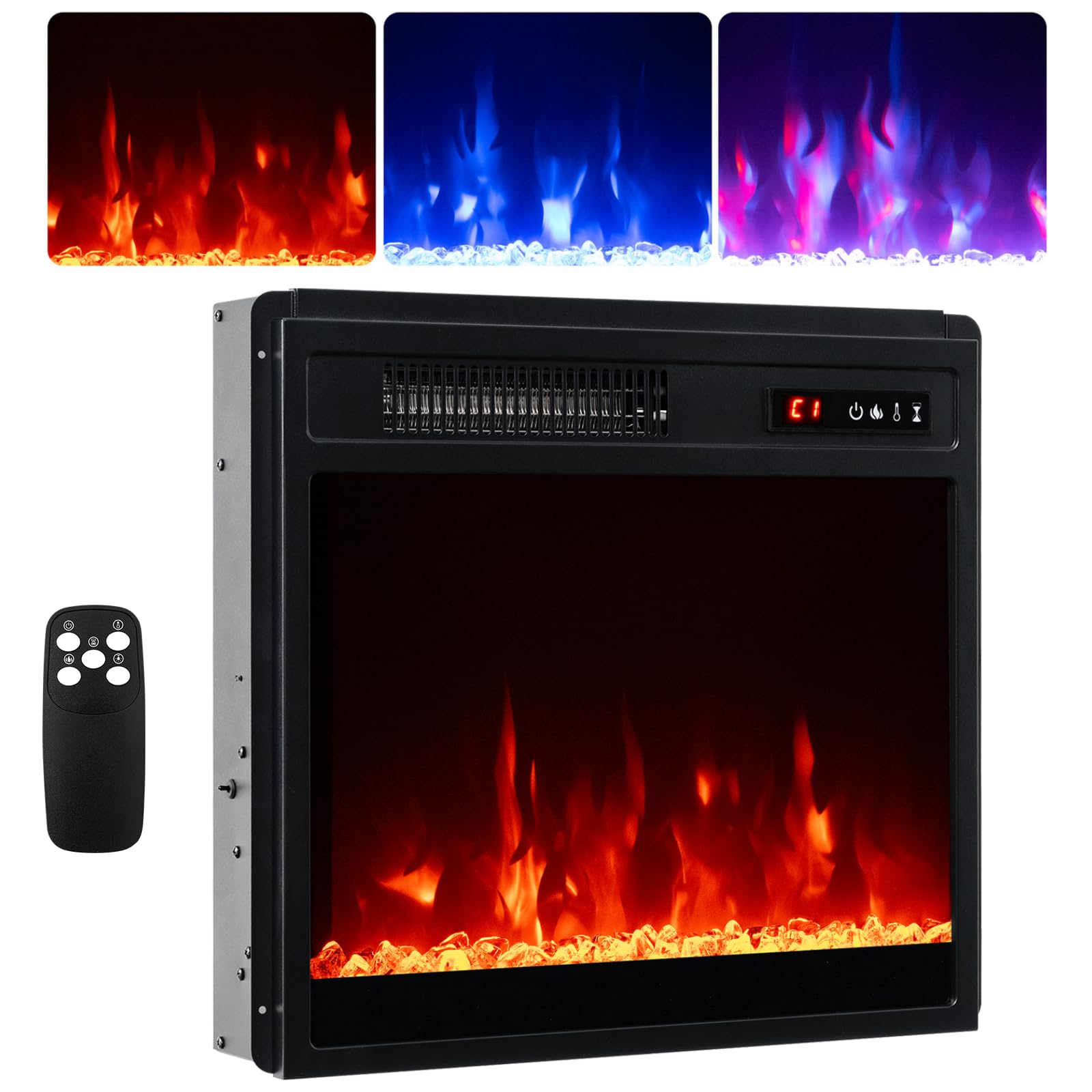 GiantexUK Recessed Electric Fireplace, Insert Electric Fire Heater with Flame Colors, Brightness, Thermostat, Timer, Remote & Overheat Protection (750W/1500W, 20’’, with Crystal)