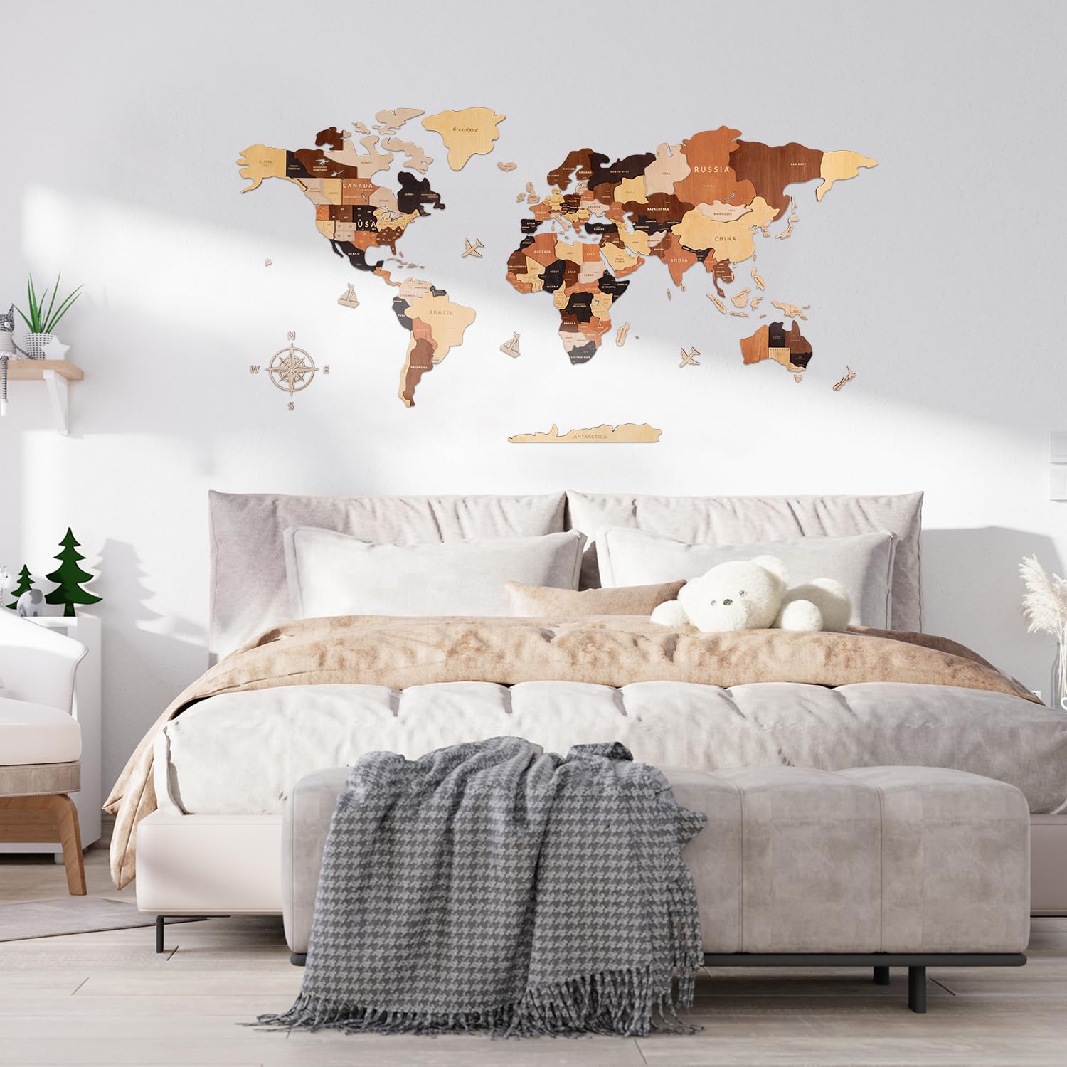 Creawoo 3D Weltkarte Wand Holz Weltkarte Wanddekoration, Wanddeko Wandkunst für Haus, Büro, Schlafzimmer, Holzkarte der Welt, Reisekarte für Wand, Eine Geschenkidee-150x85cm