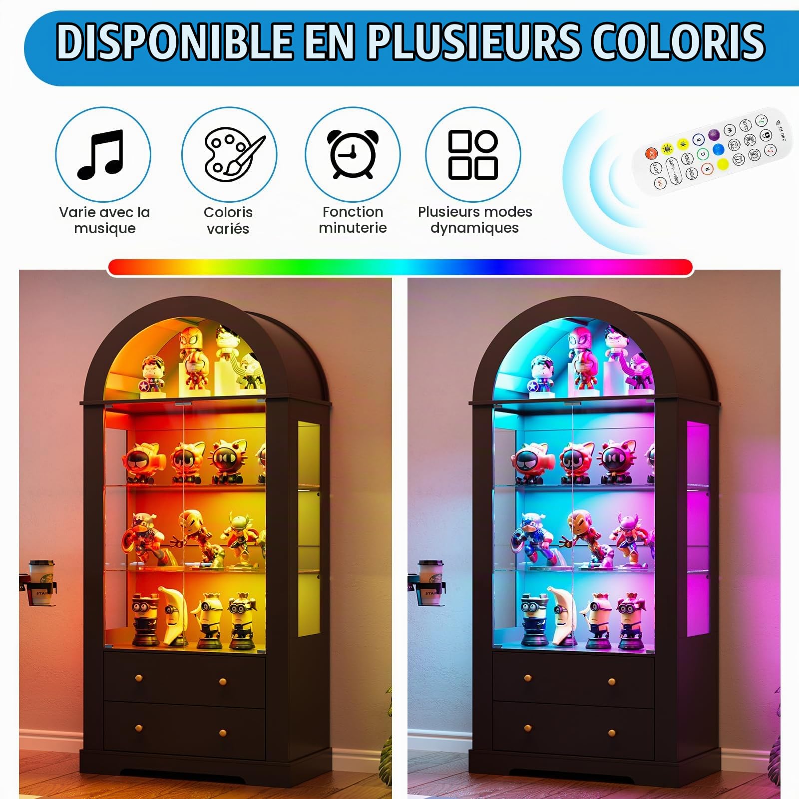 MSFE Vitrine en Verre avec LED,Armoire Vitrine Cintrée avec Éclairage Dynamique,2 Portes vitrées et 2 Tiroirs,Vitrine sur Pied pour Salon,Chambre,Figurines,Maquettes,Trophées,80x40x185cm