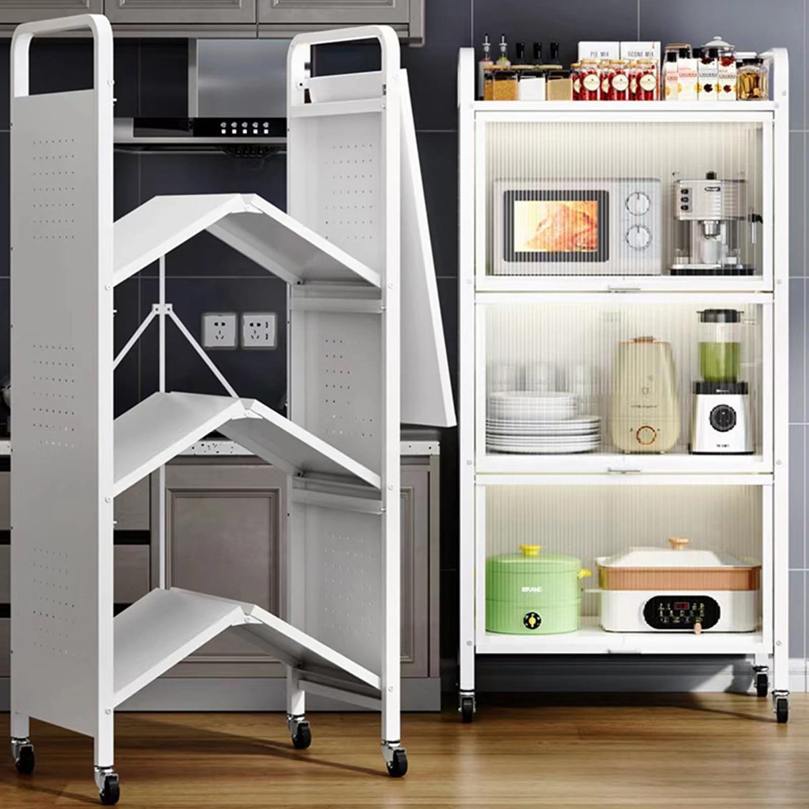 Meuble micro-ondes 4 niveaux blanc 60cm avec porte transparente pour cuisine et garde-manger